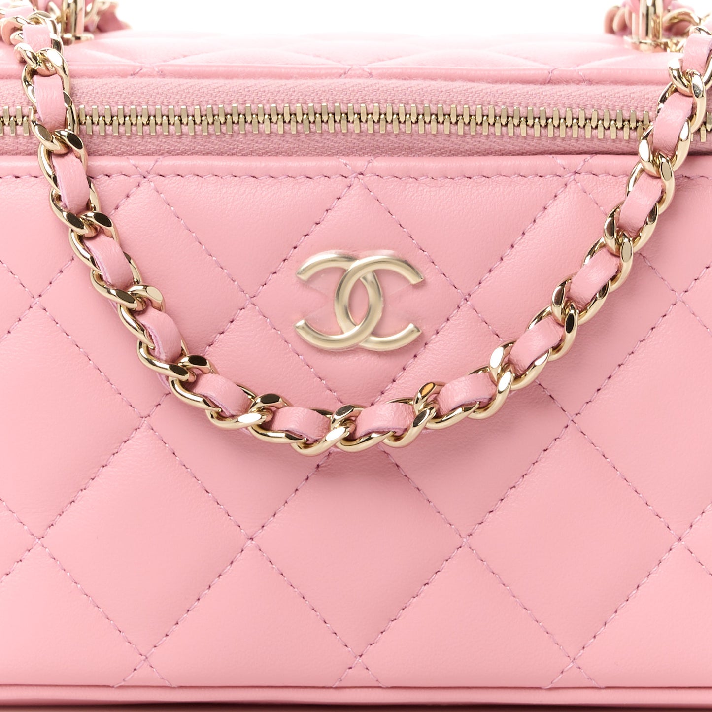 Lambskin Quilted Small Top Handle Vanity Case With Chain Light Pink Light Pink