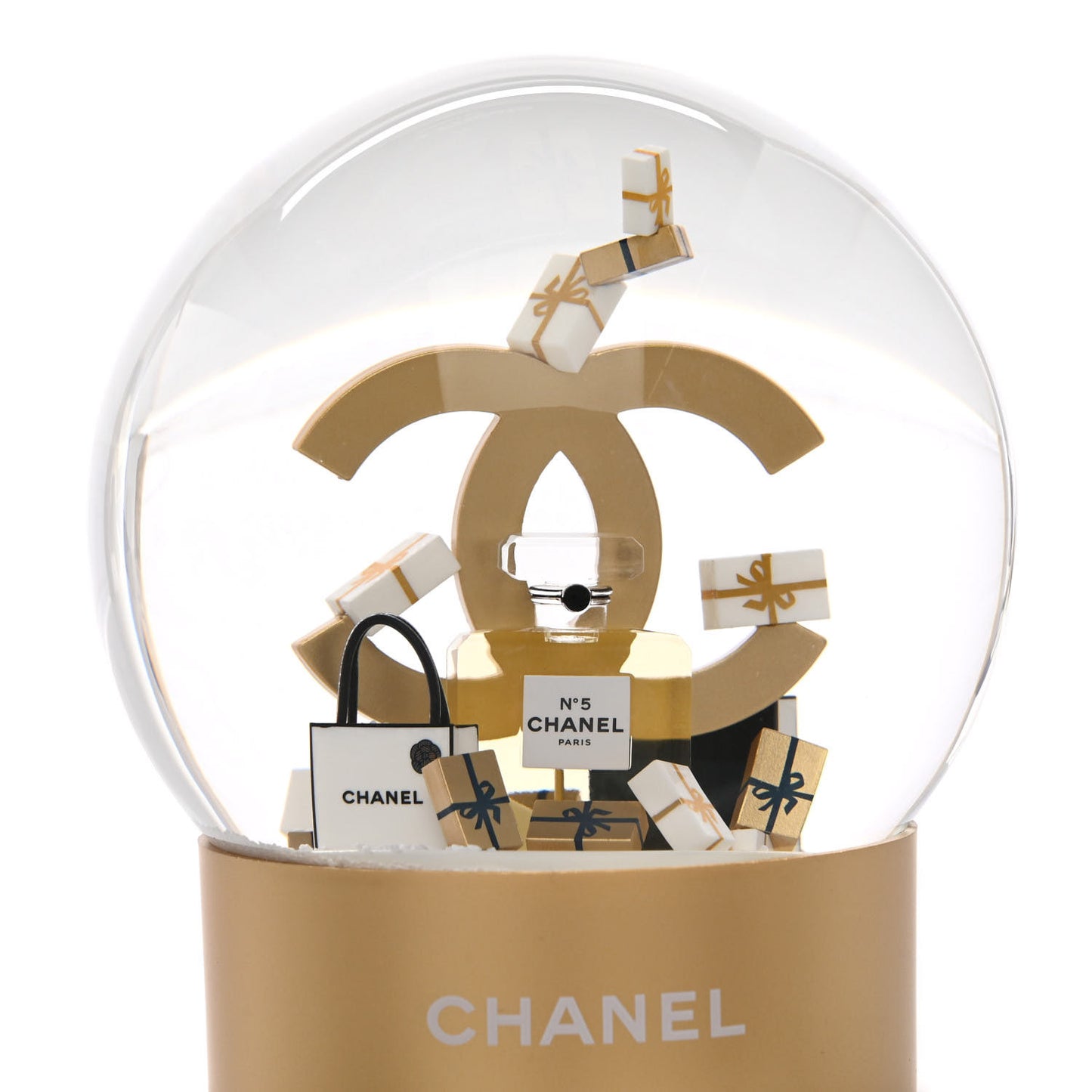 Glass CC Shopping Bag Snow Globe Gold
