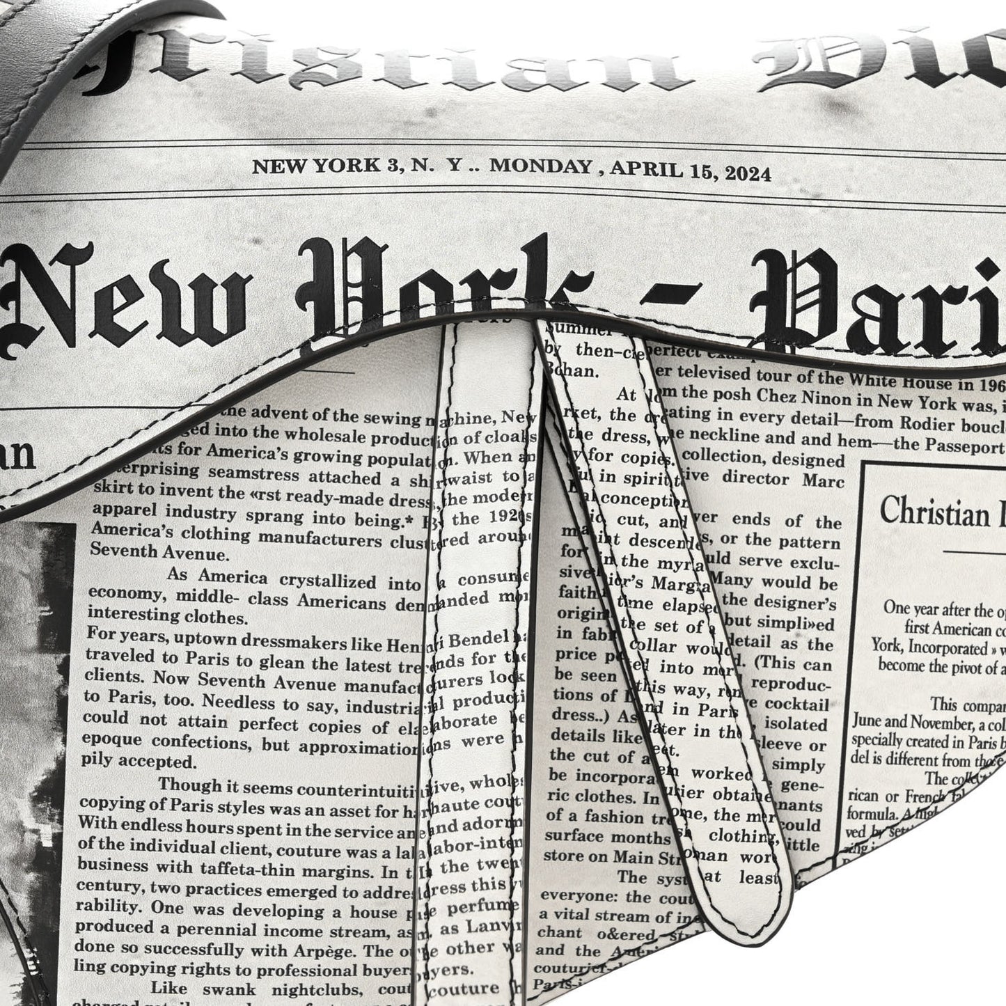Calfskin Newspaper Printed Saddle Bag With Strap Black White