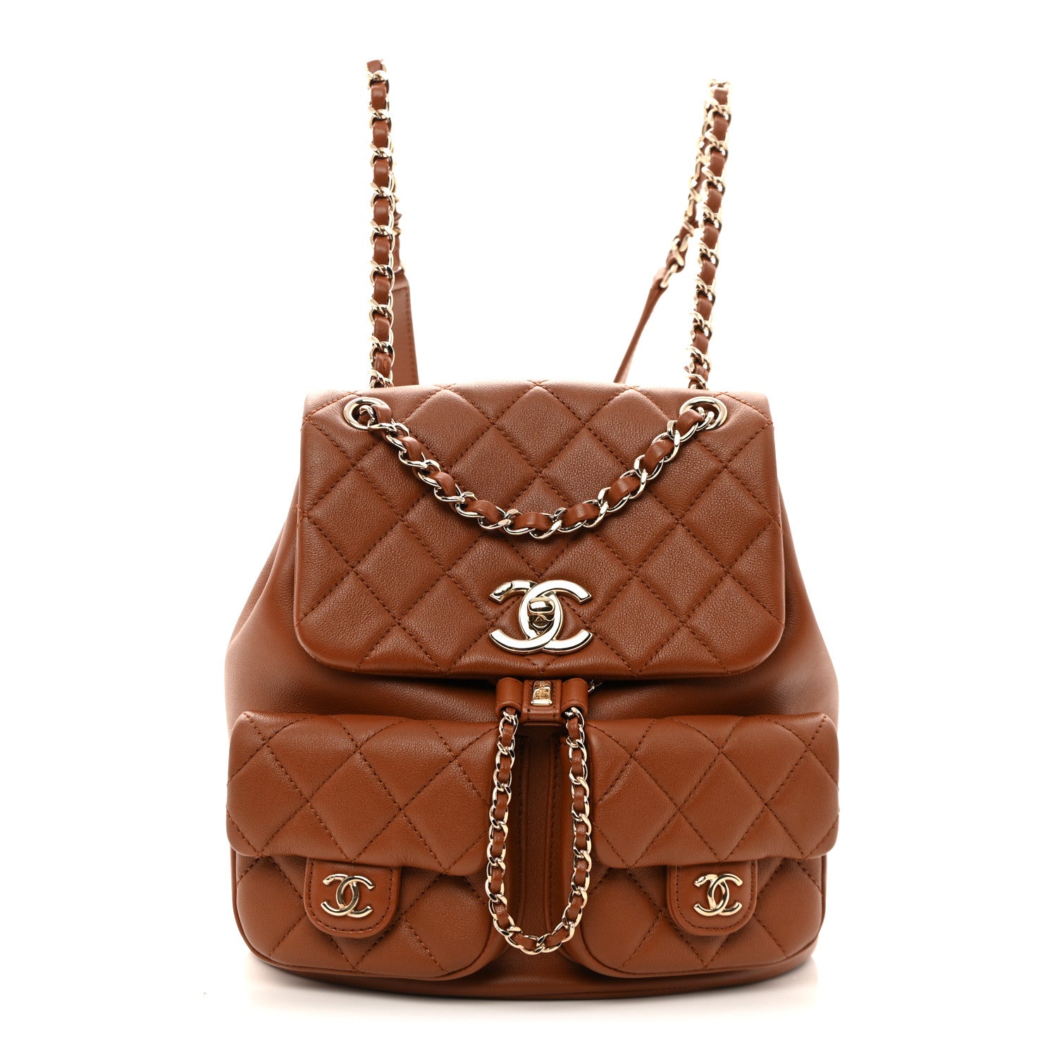 Chanel Calfskin Quilted Medium Duma Pockets Drawstring Backpack Light Brown