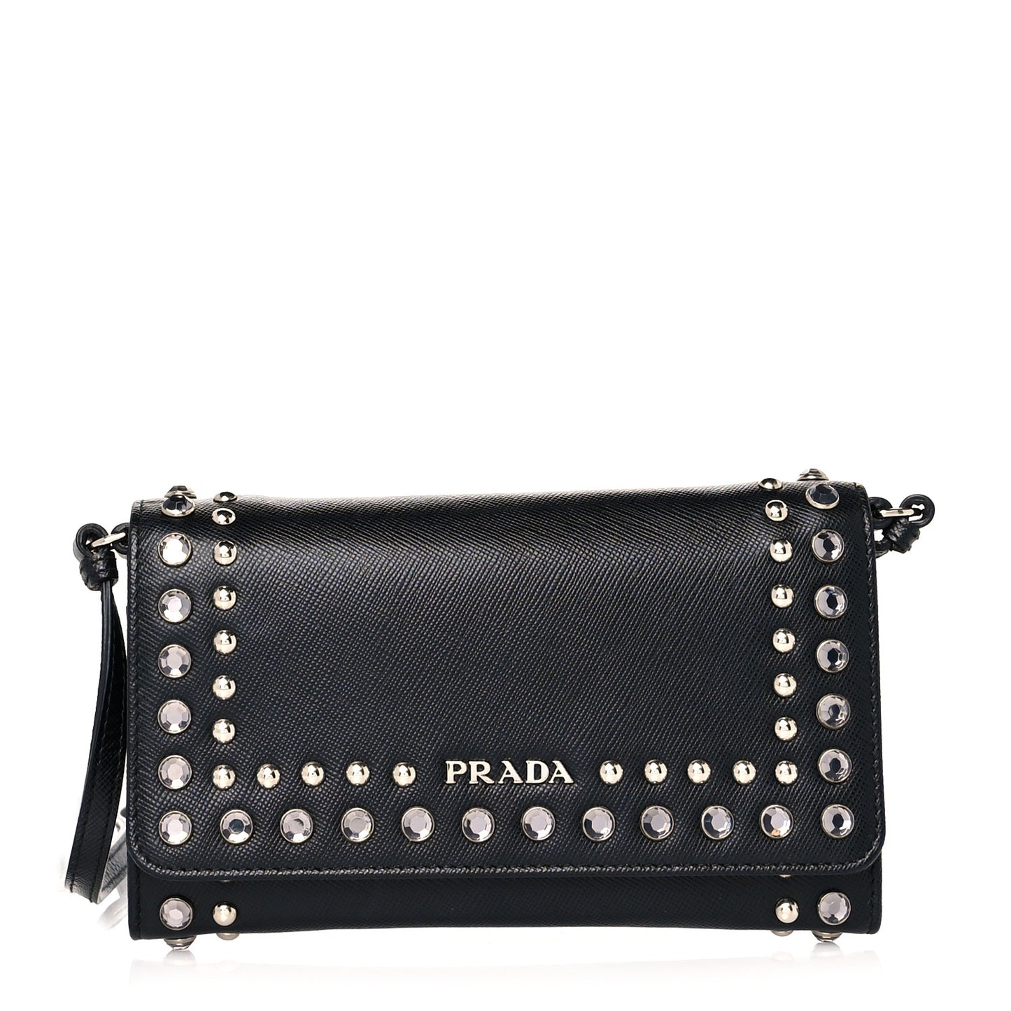 Saffiano Crystal Studded Chain Wallet Black