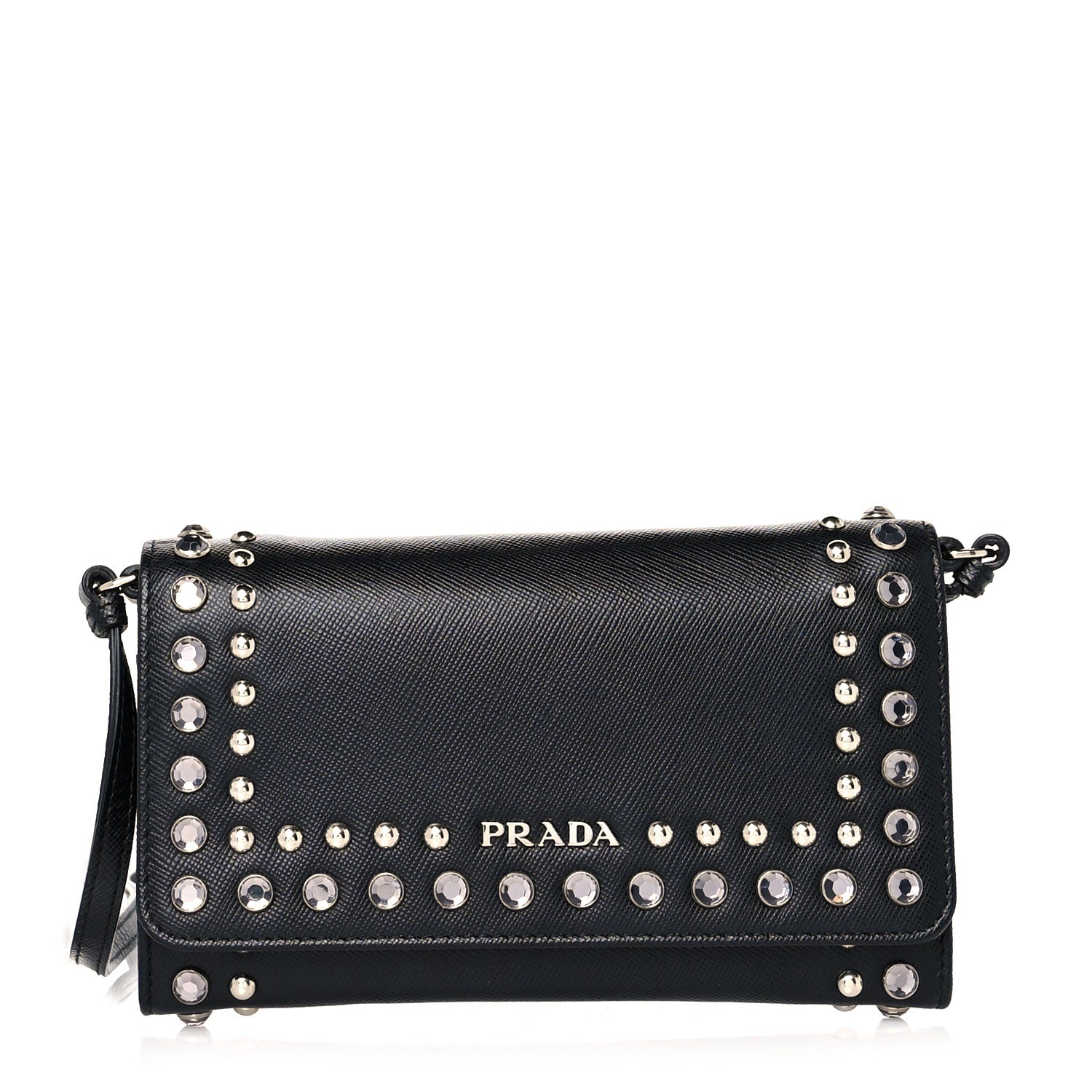 Prada Saffiano Crystal Studded Chain Wallet Black 1 of 8