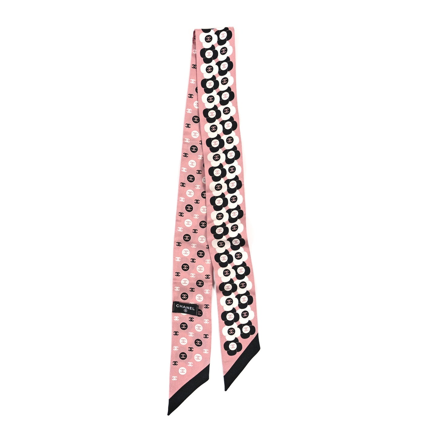 Silk Slim Reversible Camellia CC Bandeau Scarf Black White Pink