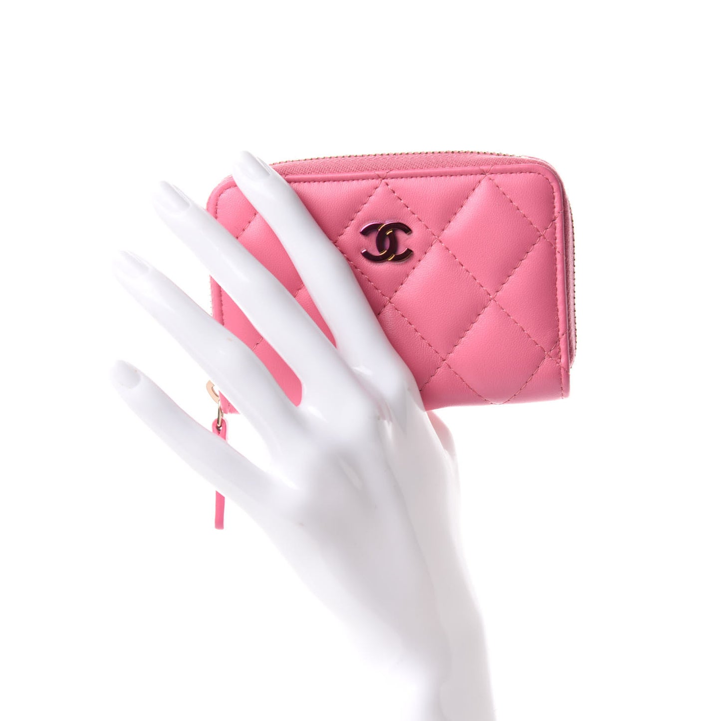 Lambskin Quilted Zip Around Coin Purse Wallet Pink Yellow