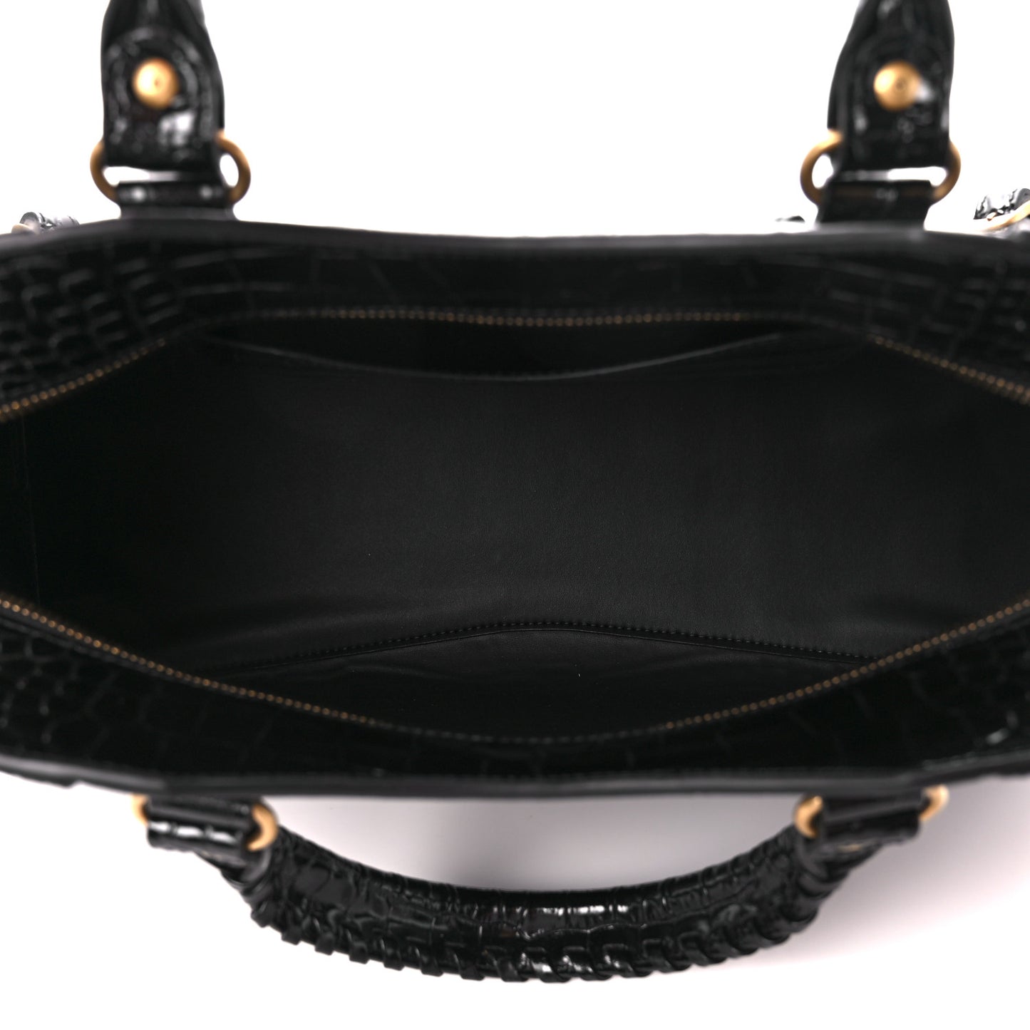 Shiny Supple Calfskin Crocodile Embossed Brass Hardware Neo Classic City Black