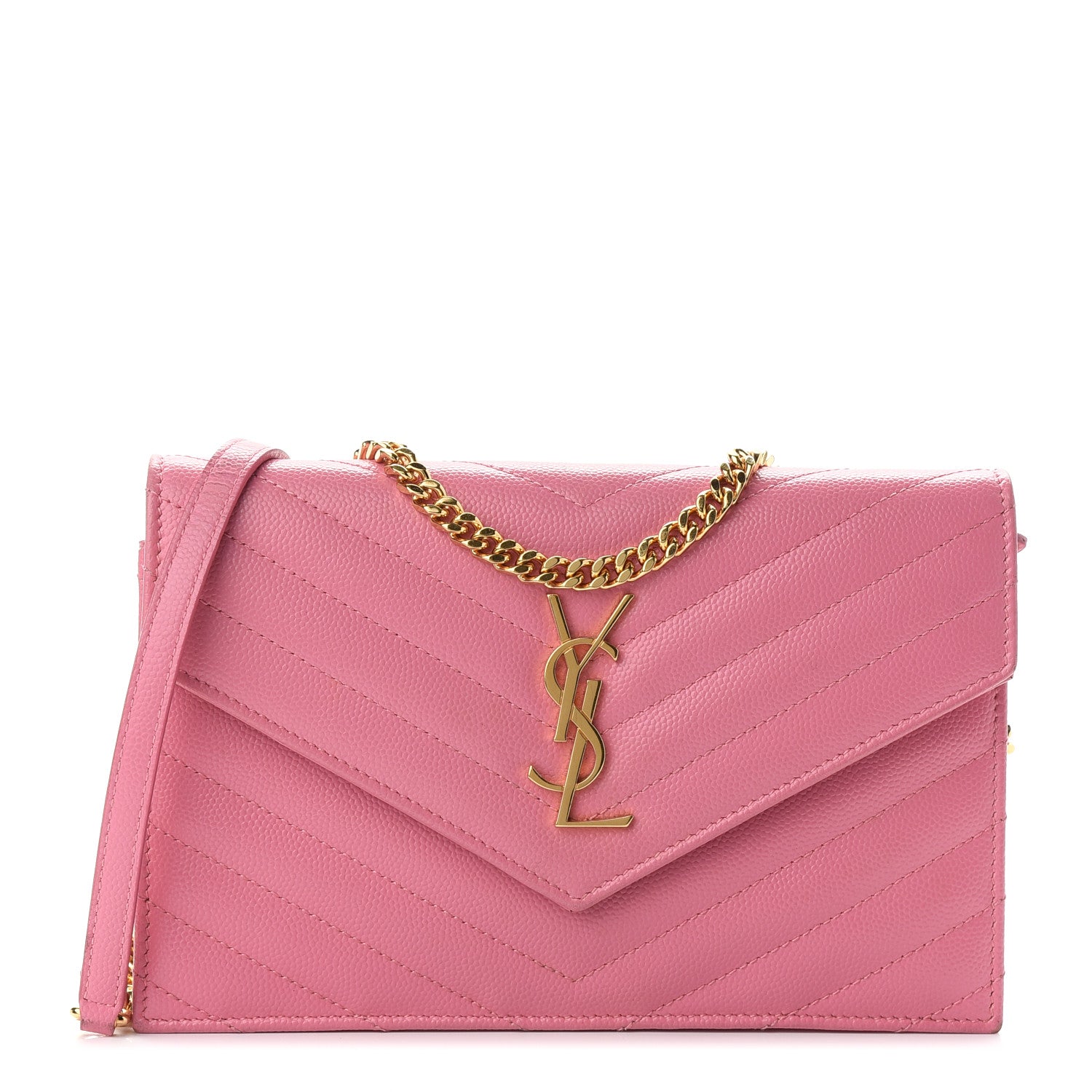 Saint Laurent Grain De Poudre Matelasse Chevron Monogram Envelope Chain Wallet Rose Clair 1 of 13