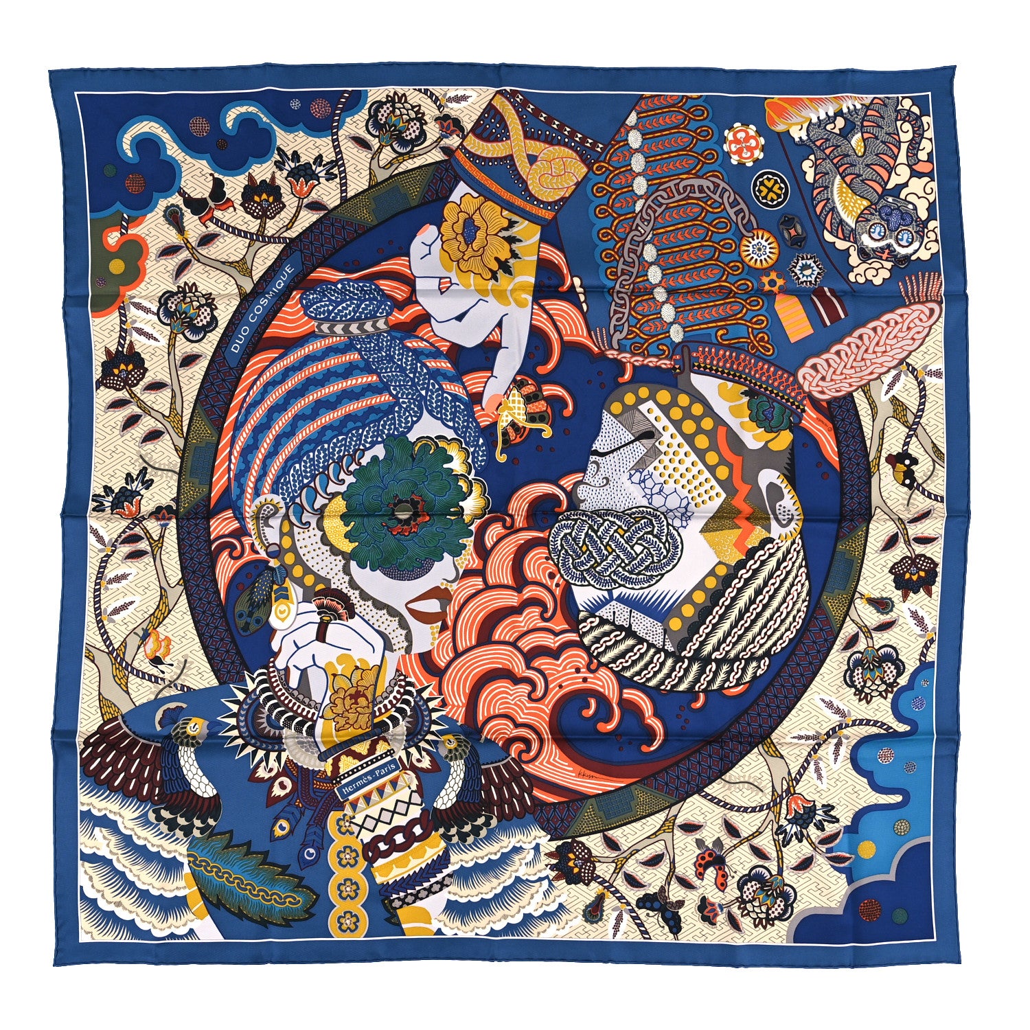 Hermes Silk Twill Duo Cosmique Scarf 90 Bleu Moyen Vert Ocre 1 of 4