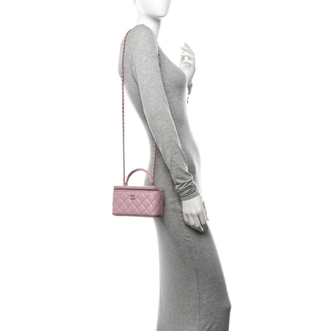 Lambskin Quilted Small Top Handle Vanity Case With Chain Light Pink