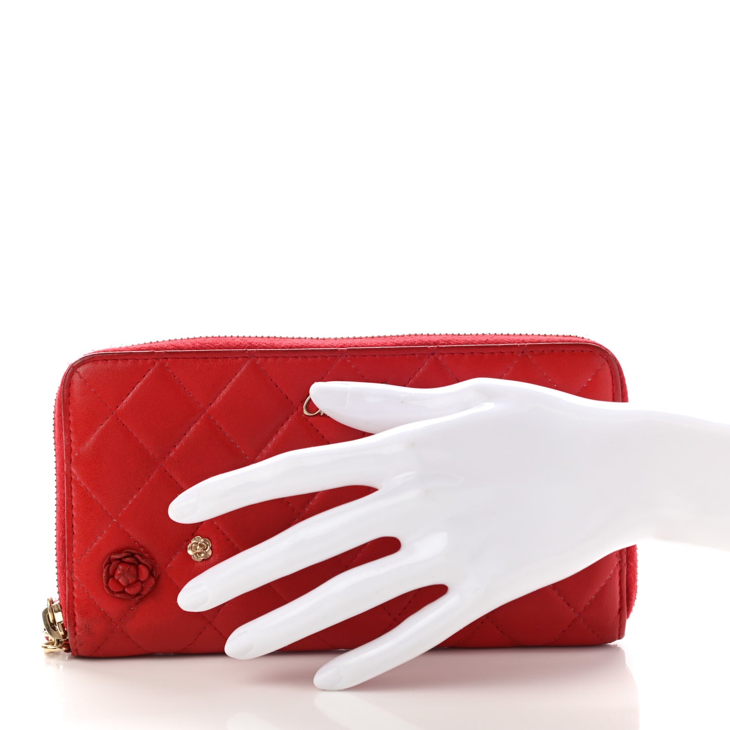 Lambskin Quilted Camellia Zip Around Wristlet Wallet Red