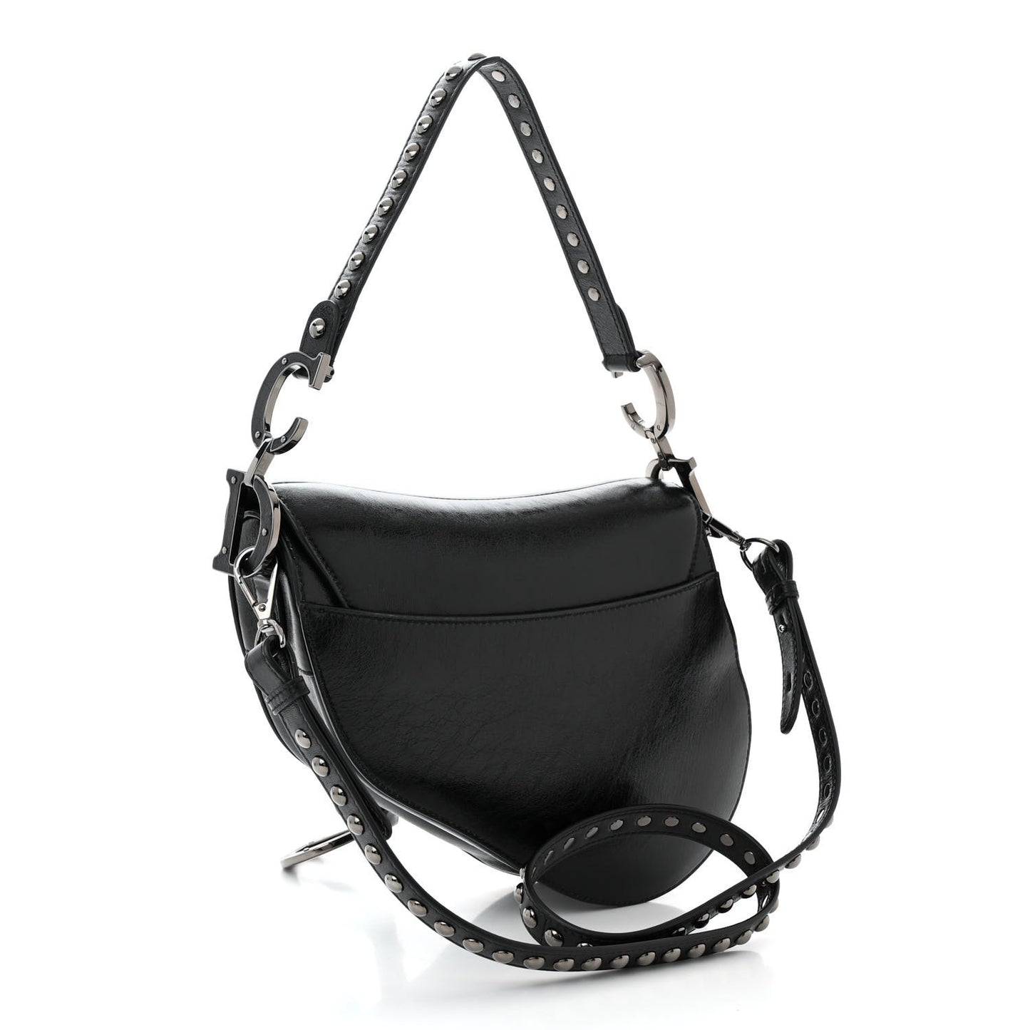 Crinkled Patent Lambskin Studded Saddle Bag With Strap Black