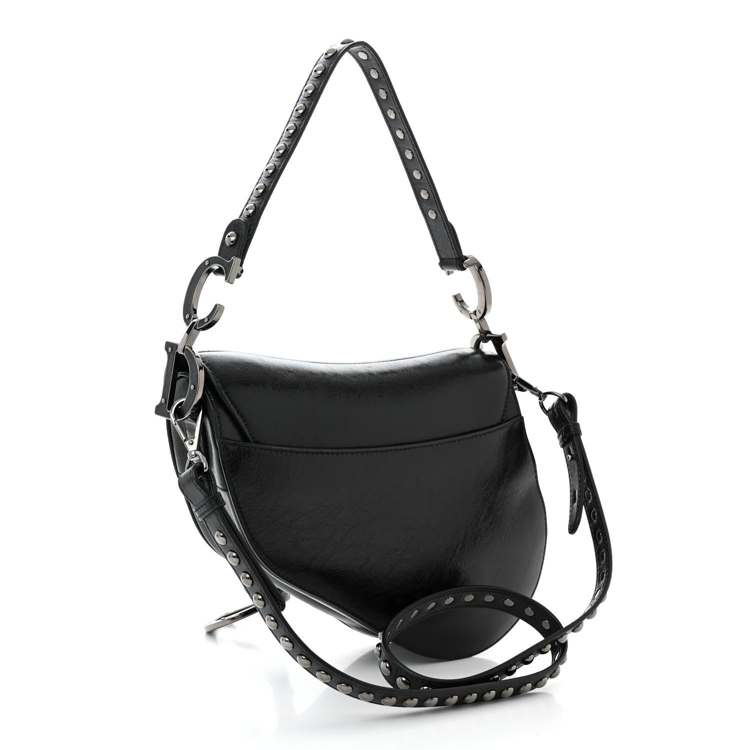Christian Dior Crinkled Patent Lambskin Studded Saddle Bag With Strap Black 3 of 10