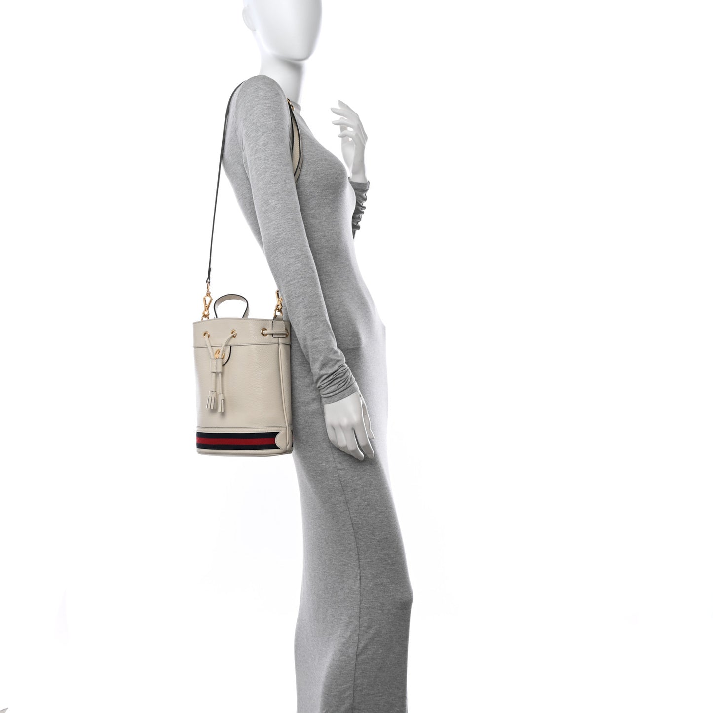 Glazed Textured Calfskin Web Small Ophidia Bucket Bag Mystic White
