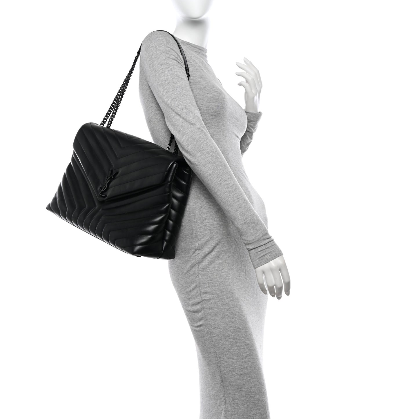 Calfskin Y Quilted Monogram Monochrome Large Loulou Chain Satchel Black