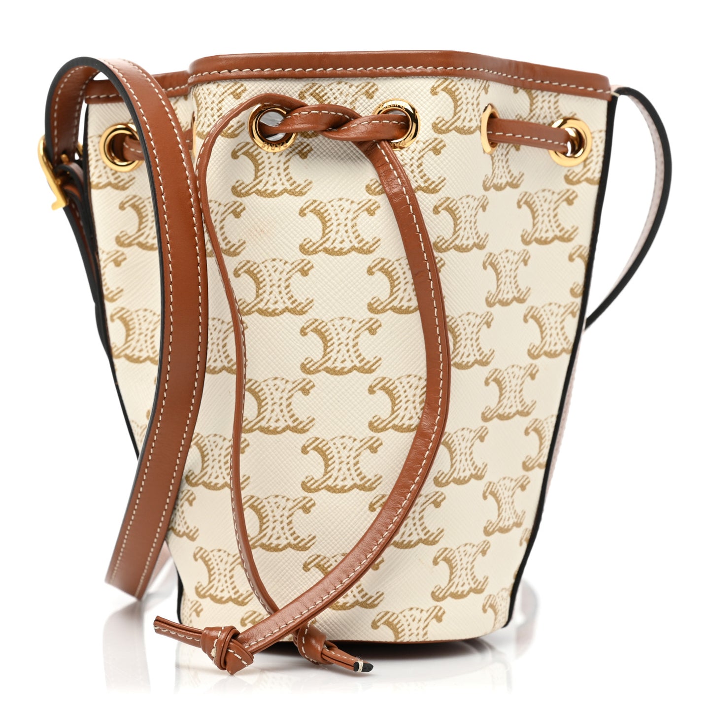 Triomphe Canvas Calfskin Micro Drawstring Bucket Bag White Tan