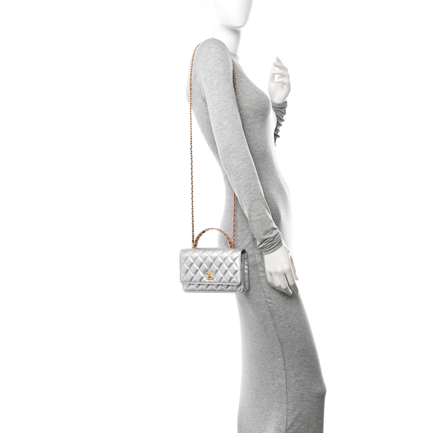Metallic Calfskin Quilted Top Handle Wallet on Chain WOC Silver