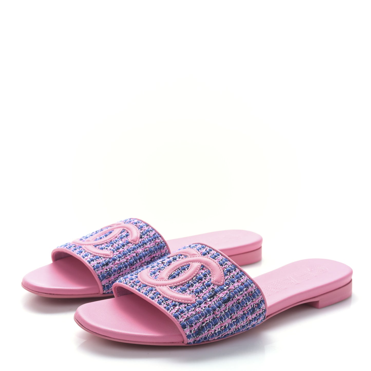 Tweed Lambskin CC Mules 37.5 Pink Blue