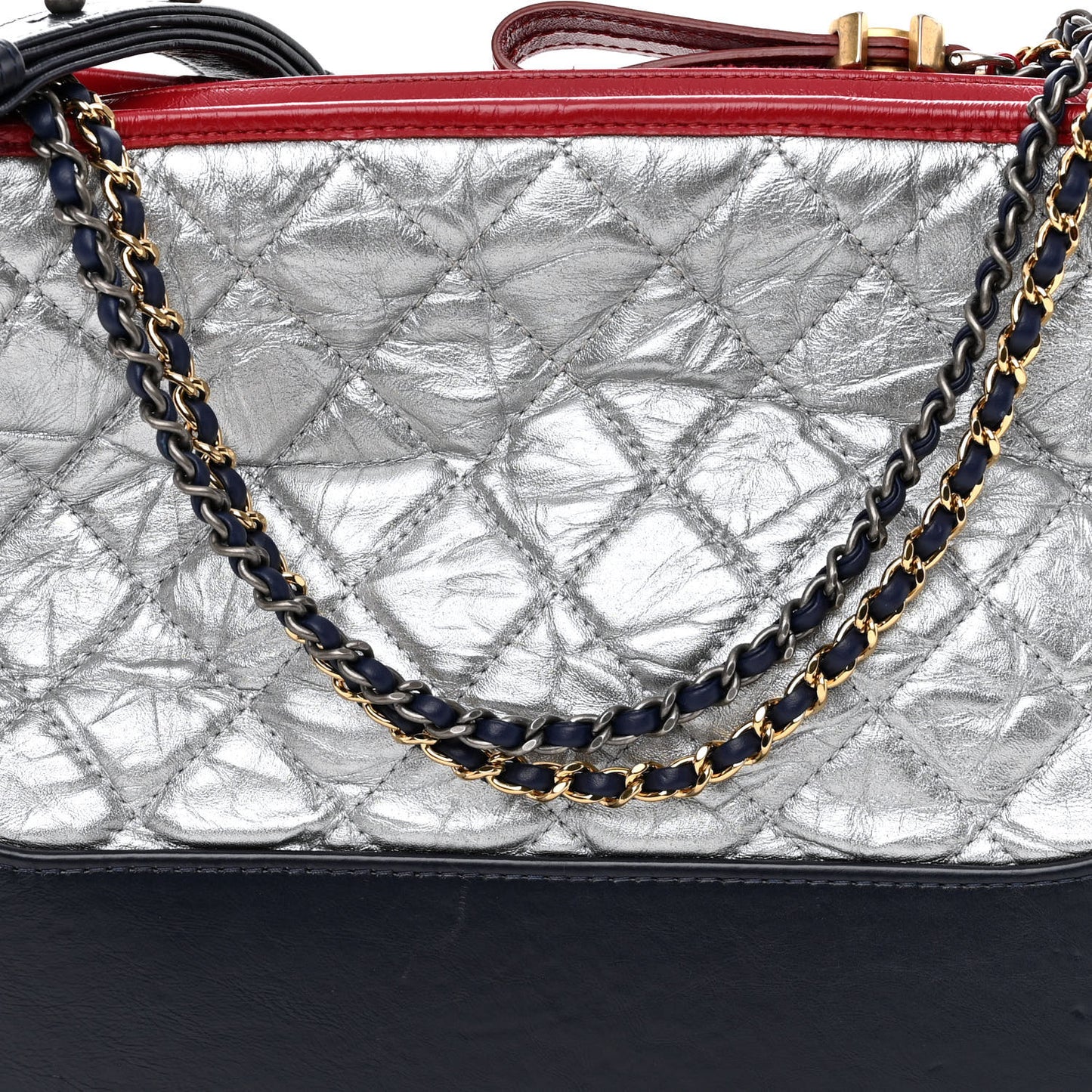 Metallic Aged Calfskin Quilted Medium Gabrielle Hobo Silver Navy Red