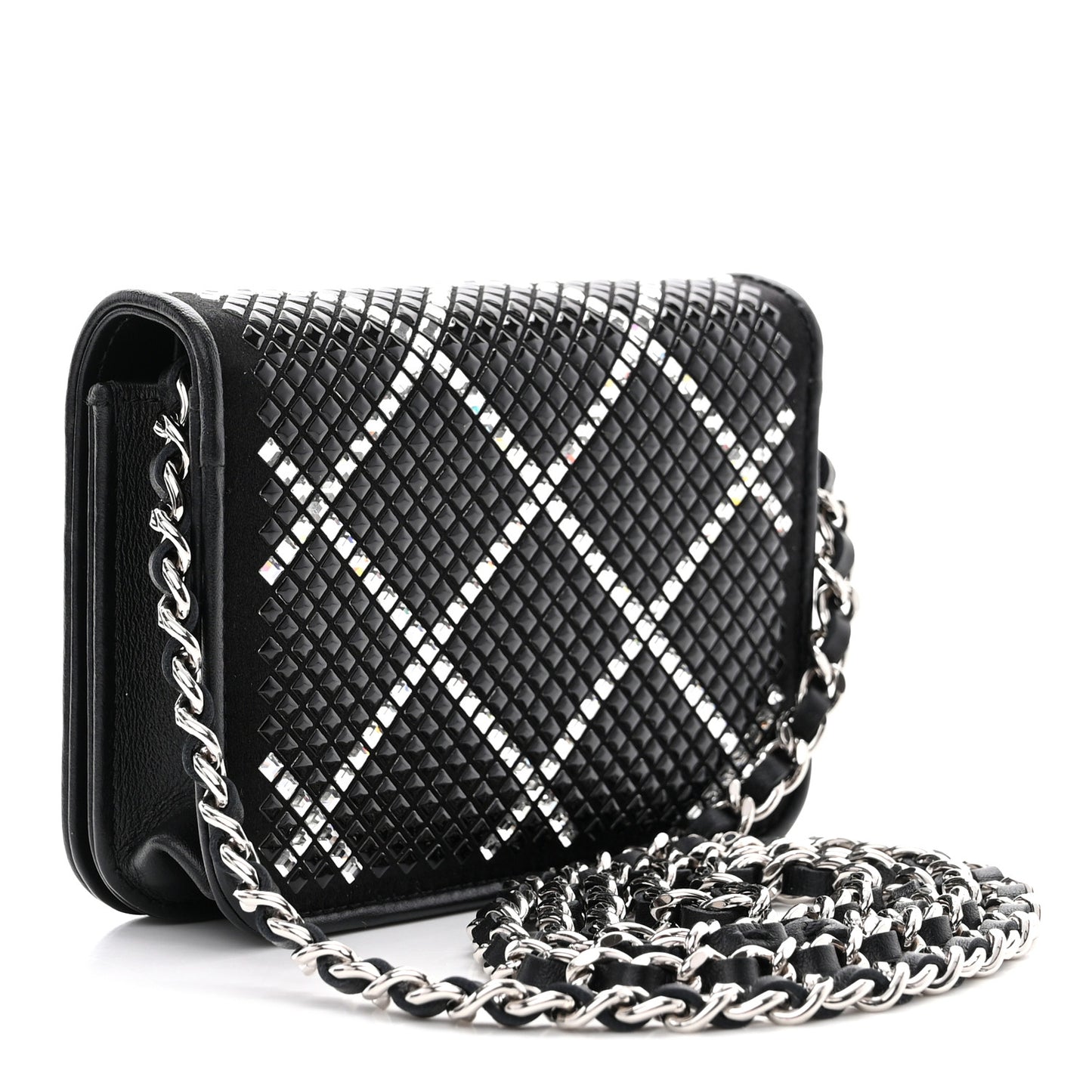 Lambskin Crystal Quilted Mini Chain Belt Bag Black