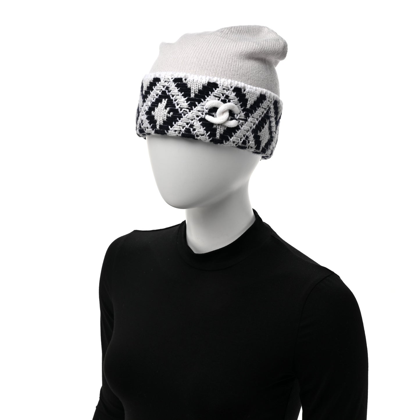 Cashmere Blend CC Beanie Hat With Gloves Set White Navy Blue