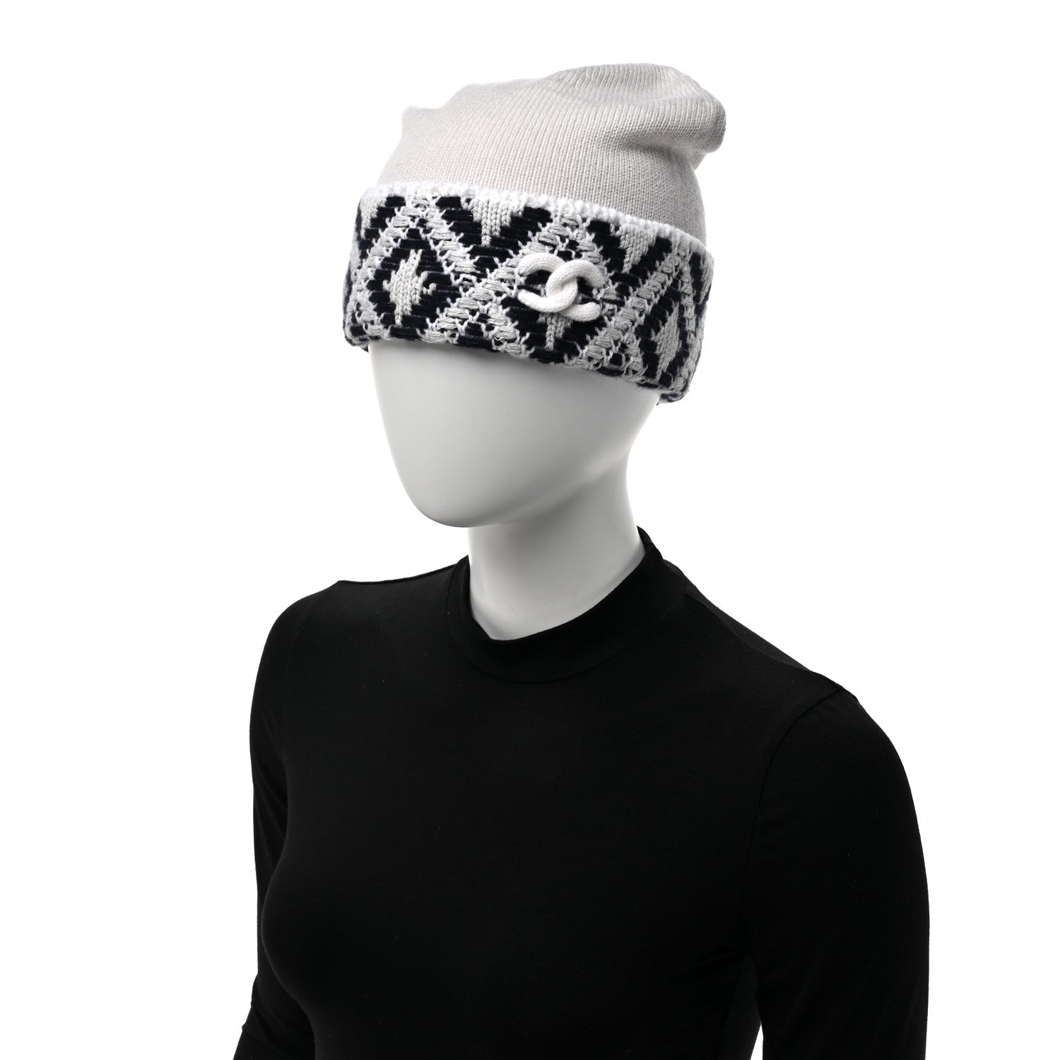 Chanel Cashmere Blend CC Beanie Hat With Gloves Set White Navy Blue 2 of 5