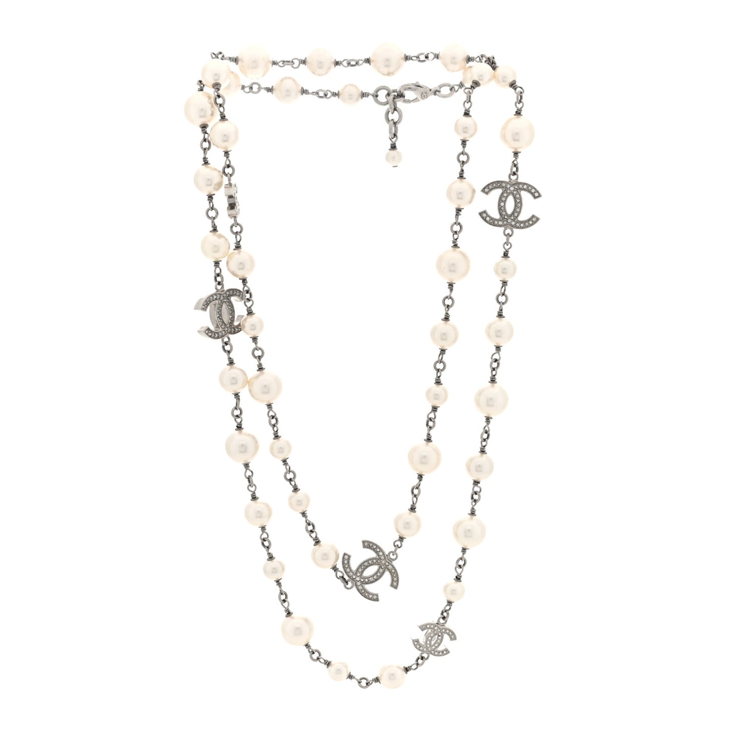Crystal Pearl CC Long Necklace Silver