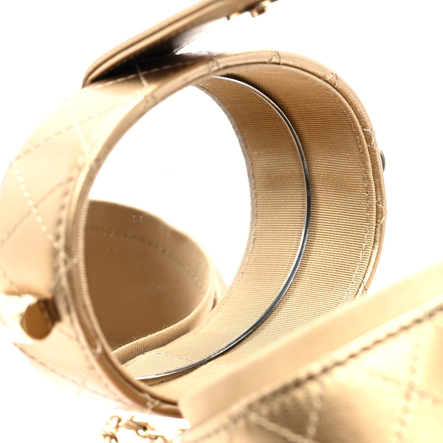 Metallic Lambskin Quilted Round Mini Vanity Case With Chain Gold