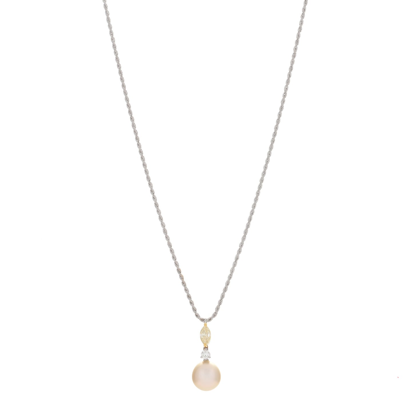 18K White Gold Yellow Diamond Pearl Drop Cluster Pendant Necklace