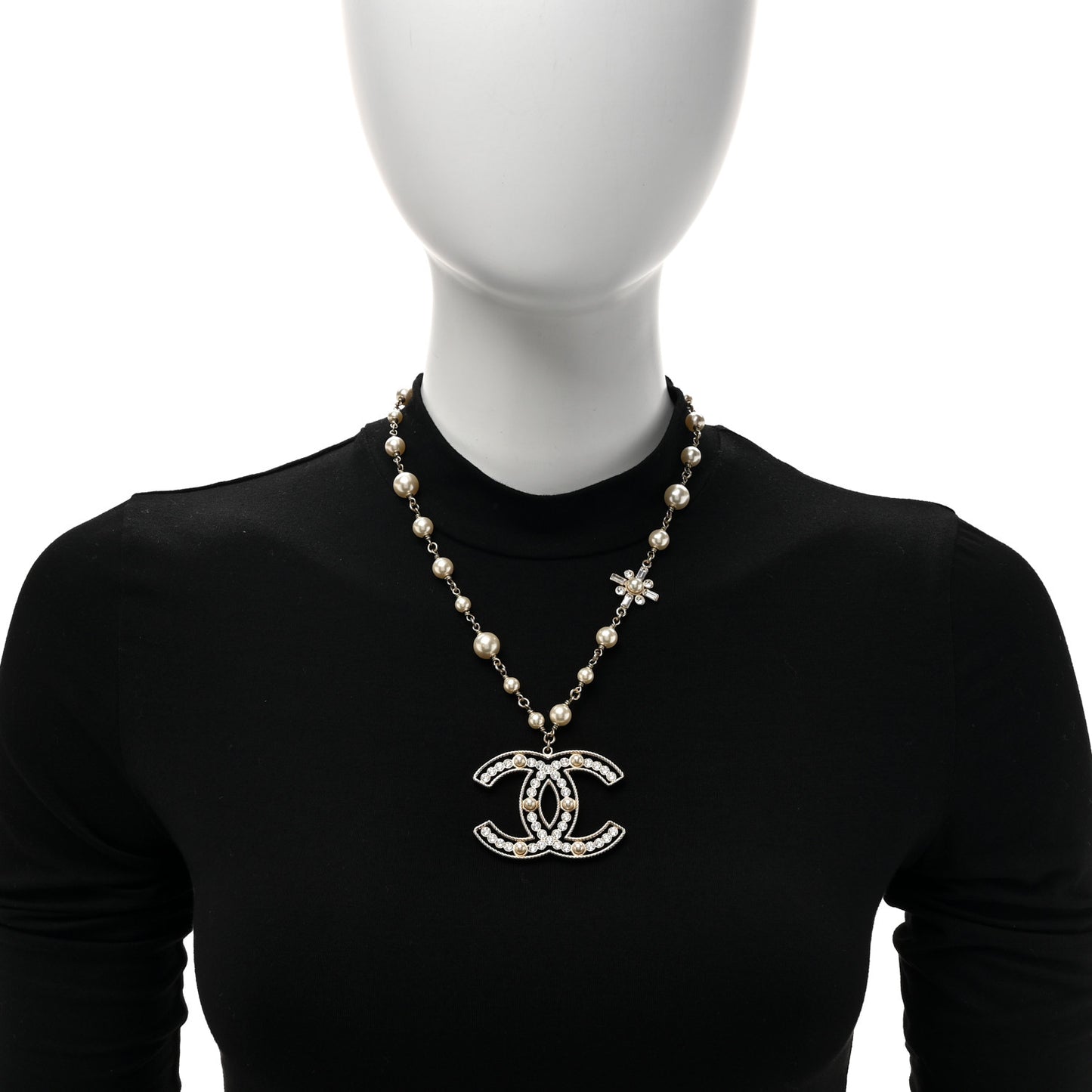 Crystal Baguette Pearl CC Cross Pendant Necklace Gold