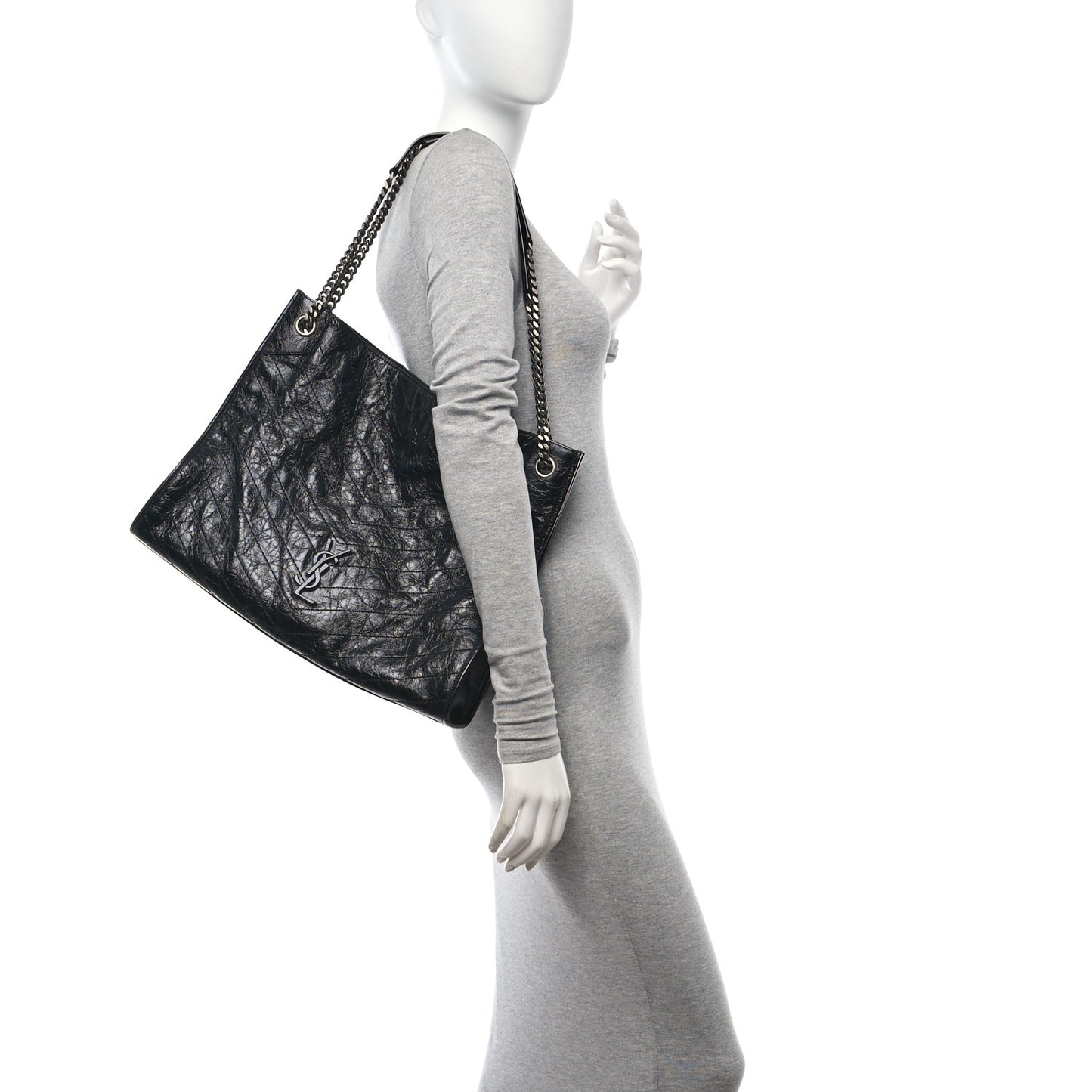 Crinkled Calfskin Matelasse Monogram Large Niki Shopper Tote Black