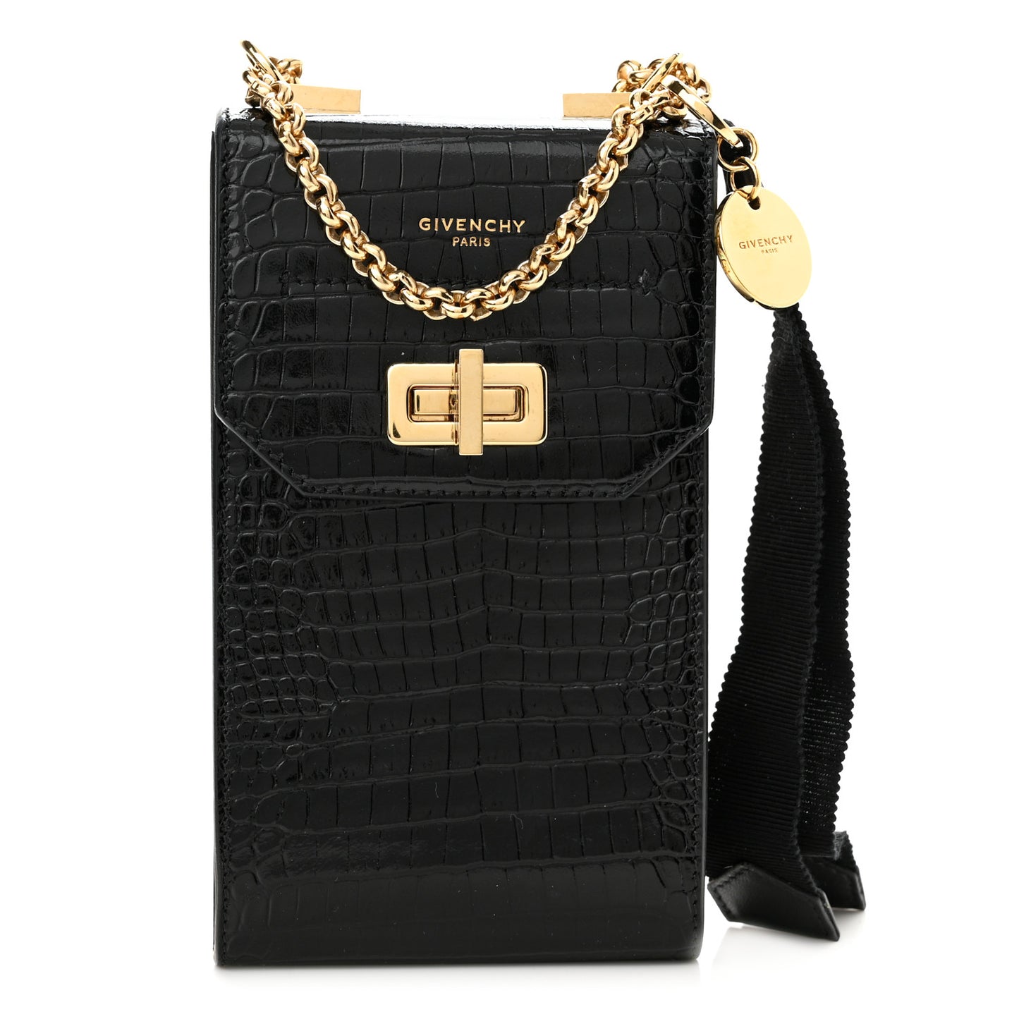 Calfskin Crocodile Embossed Mini Phone Crossbody Bag Black
