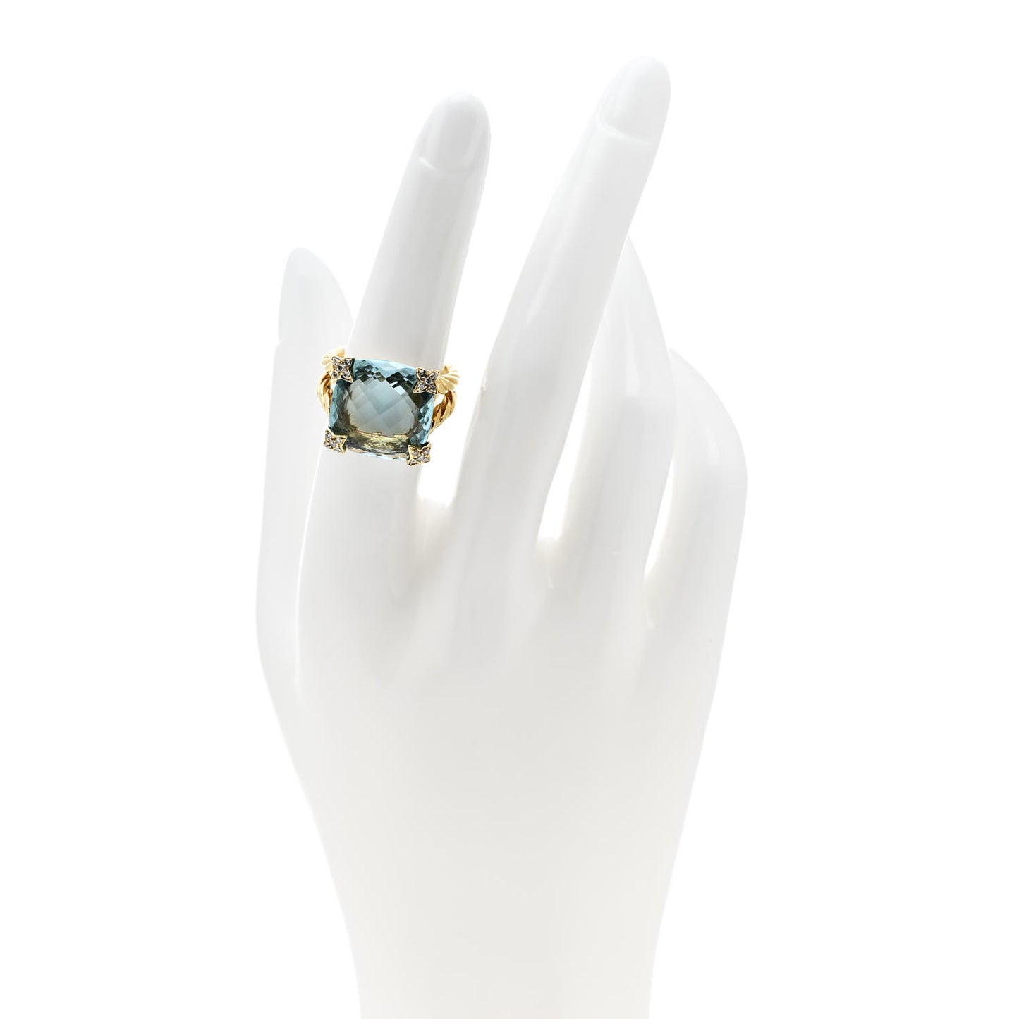 18K Yellow Gold Diamond Blue Topaz 15mm Cushion On Point Ring 52 6