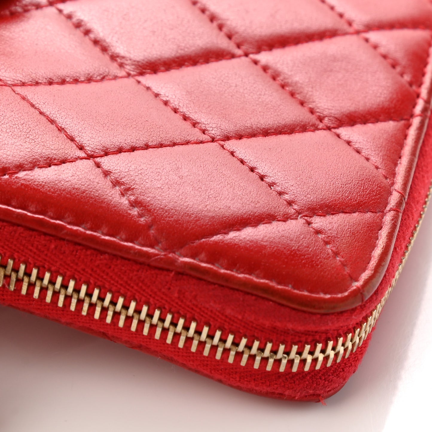 Lambskin Quilted Camellia Zip Around Wristlet Wallet Red