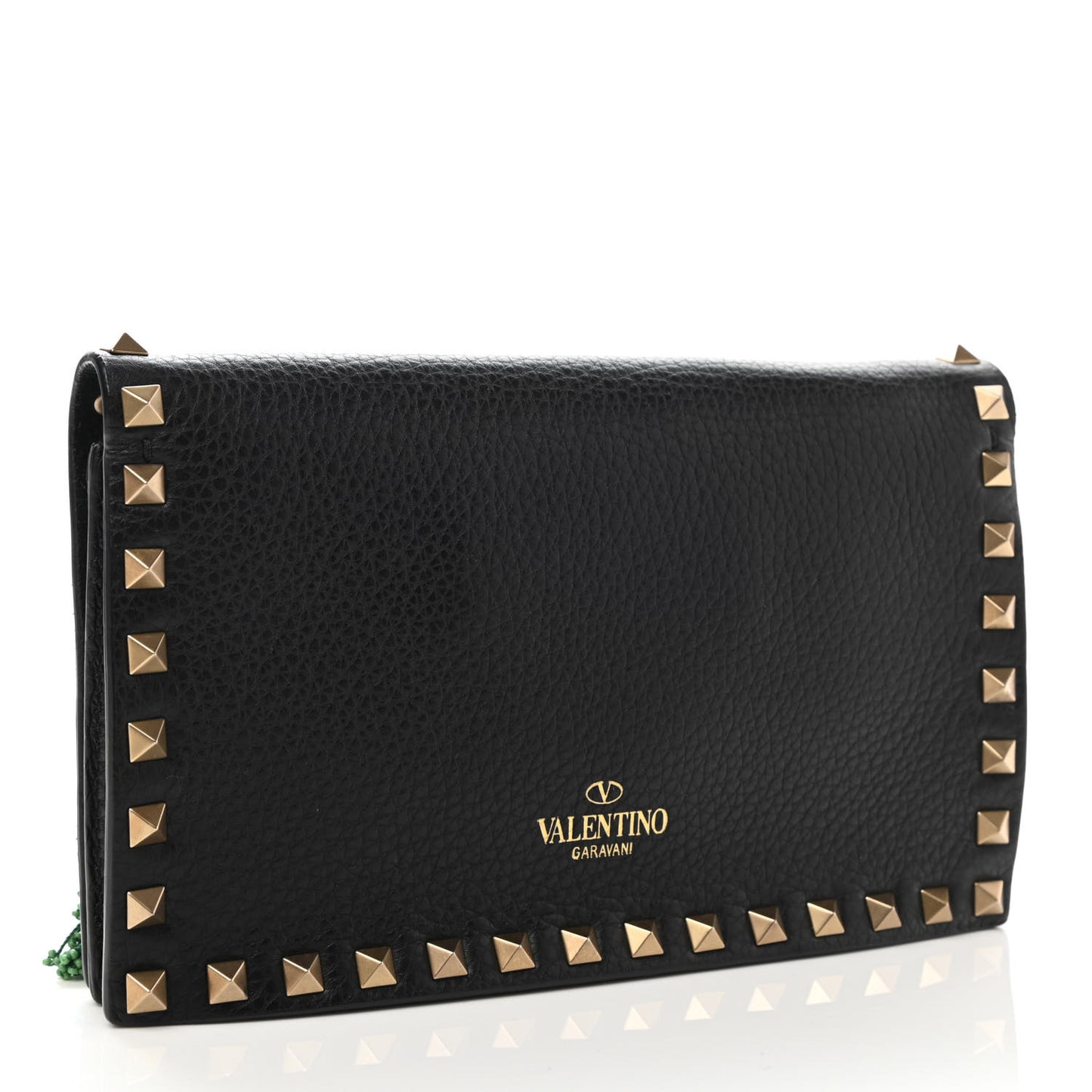 Pebbled Calfskin Beaded Ribbons Rockstud Wristlet Clutch Black