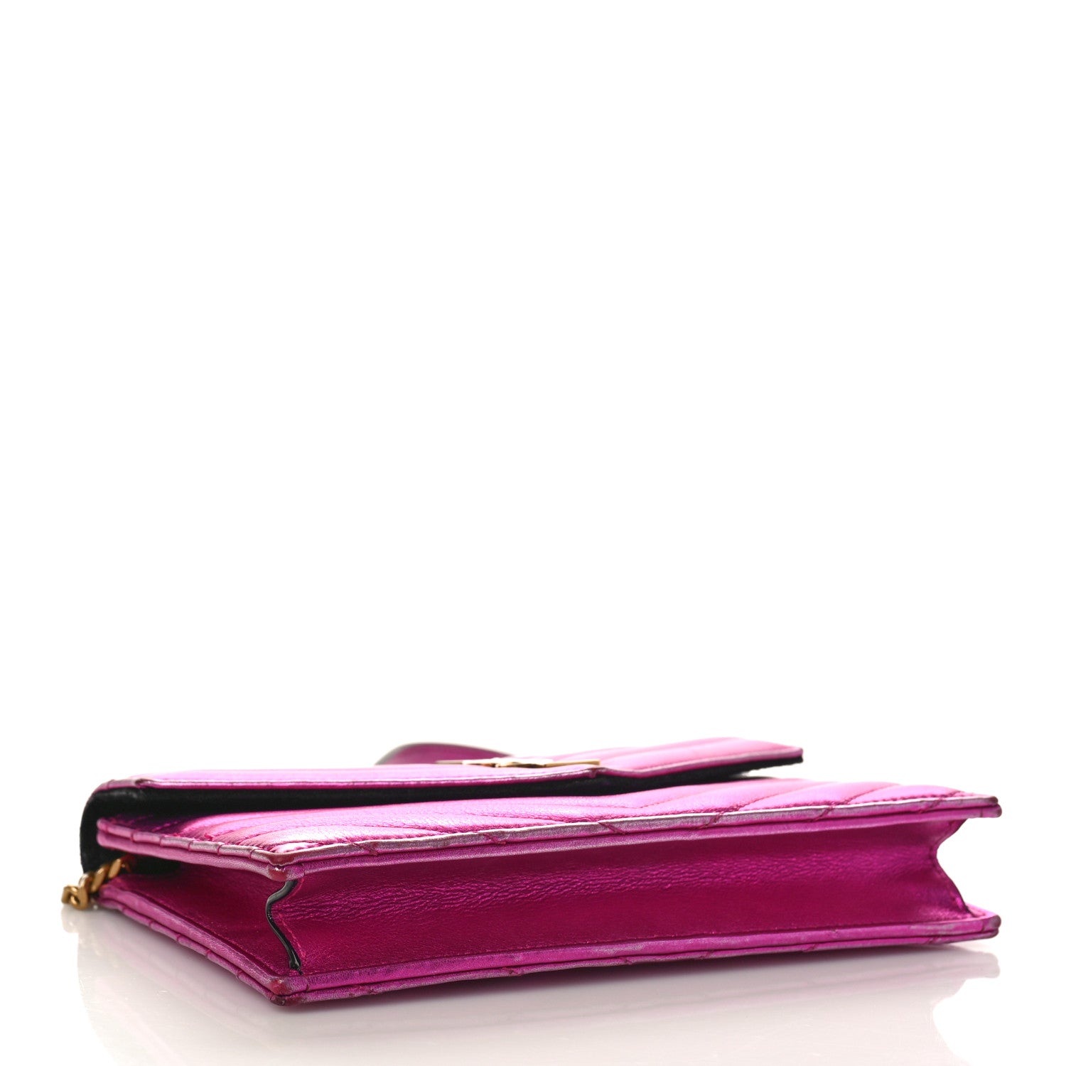 Saint Laurent Metallic Calfskin Matelasse Chevron Monogram Envelope Chain Wallet Fuchsia 4 of 10