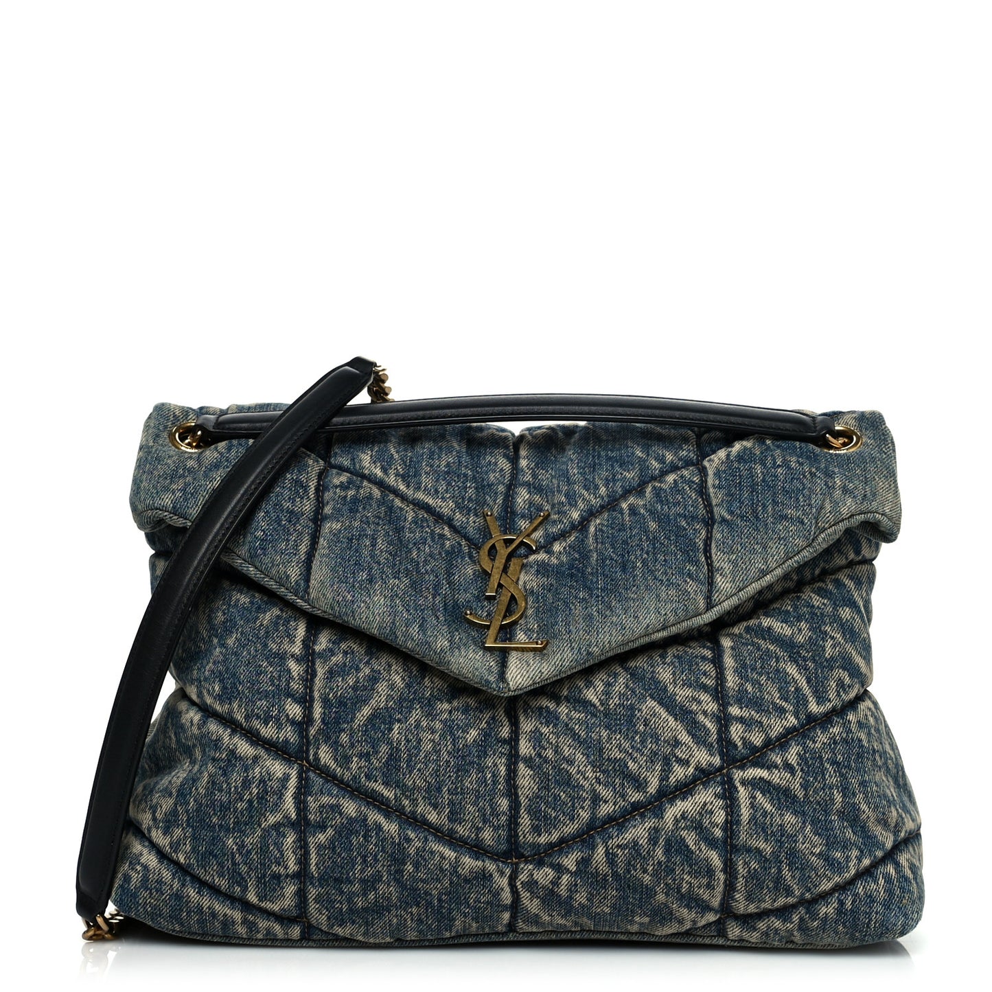 Denim Quilted Medium Loulou Puffer Monogram Chain Satchel Blue Black