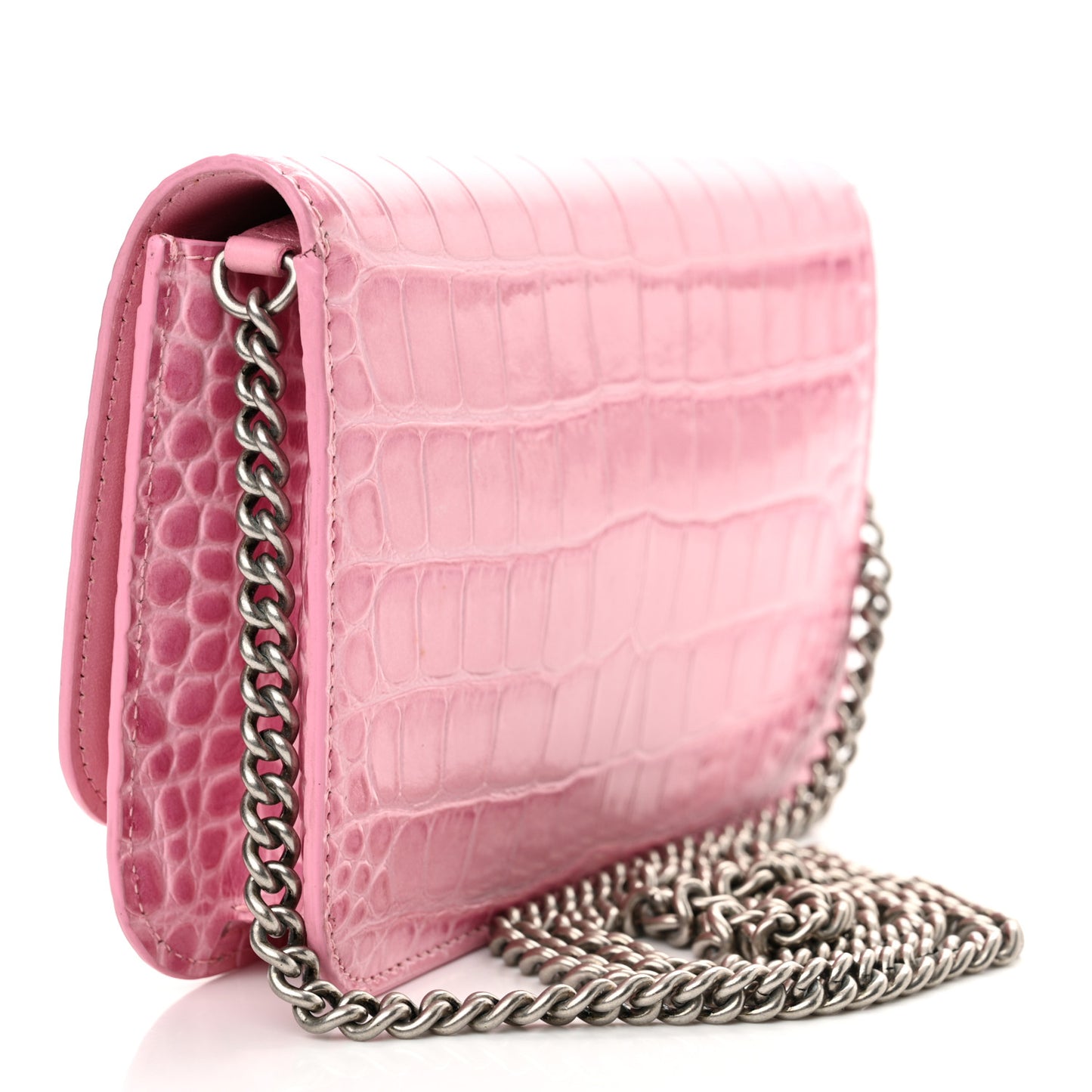 Patent Crocodile Embossed B Wallet On Chain Pink
