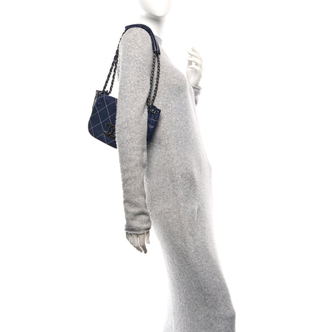 Lambskin Contrast Stitch Small Surpique Accordion Flap Navy
