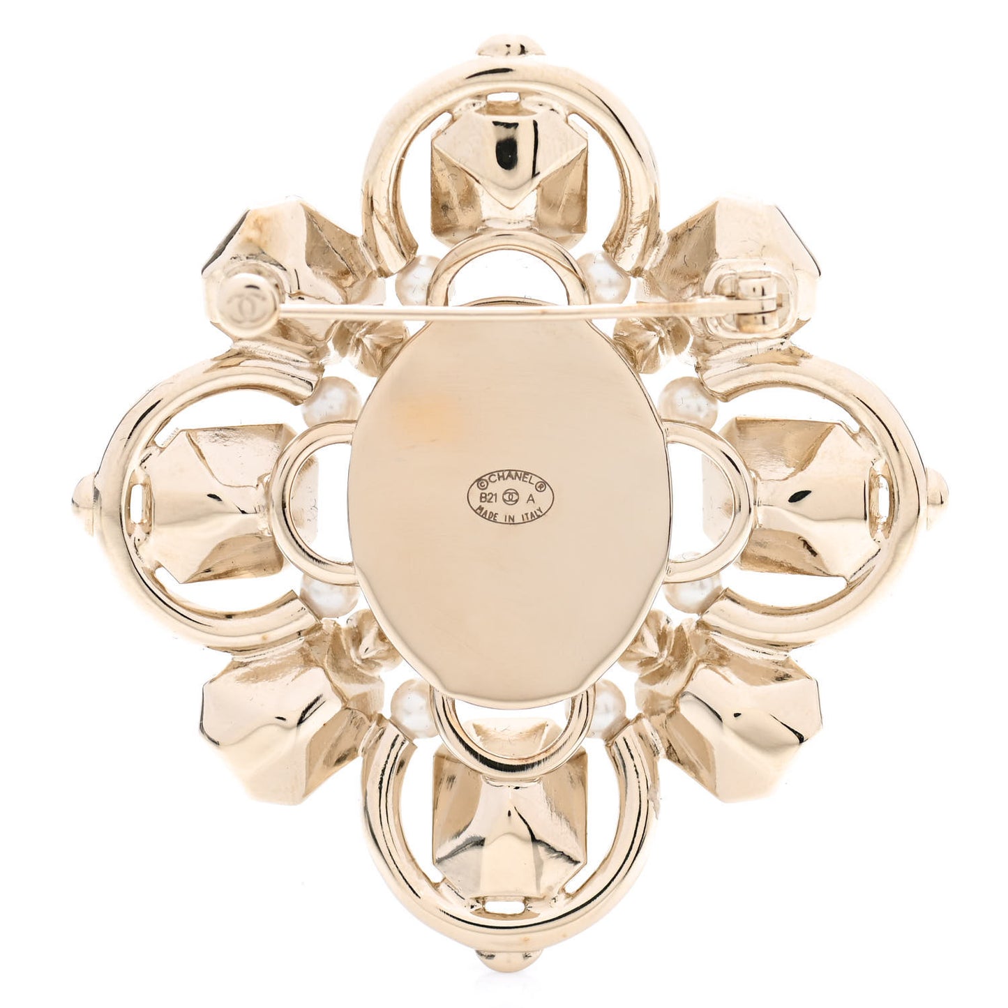 Pearl Crystal CC Brooch Pearly White Gold