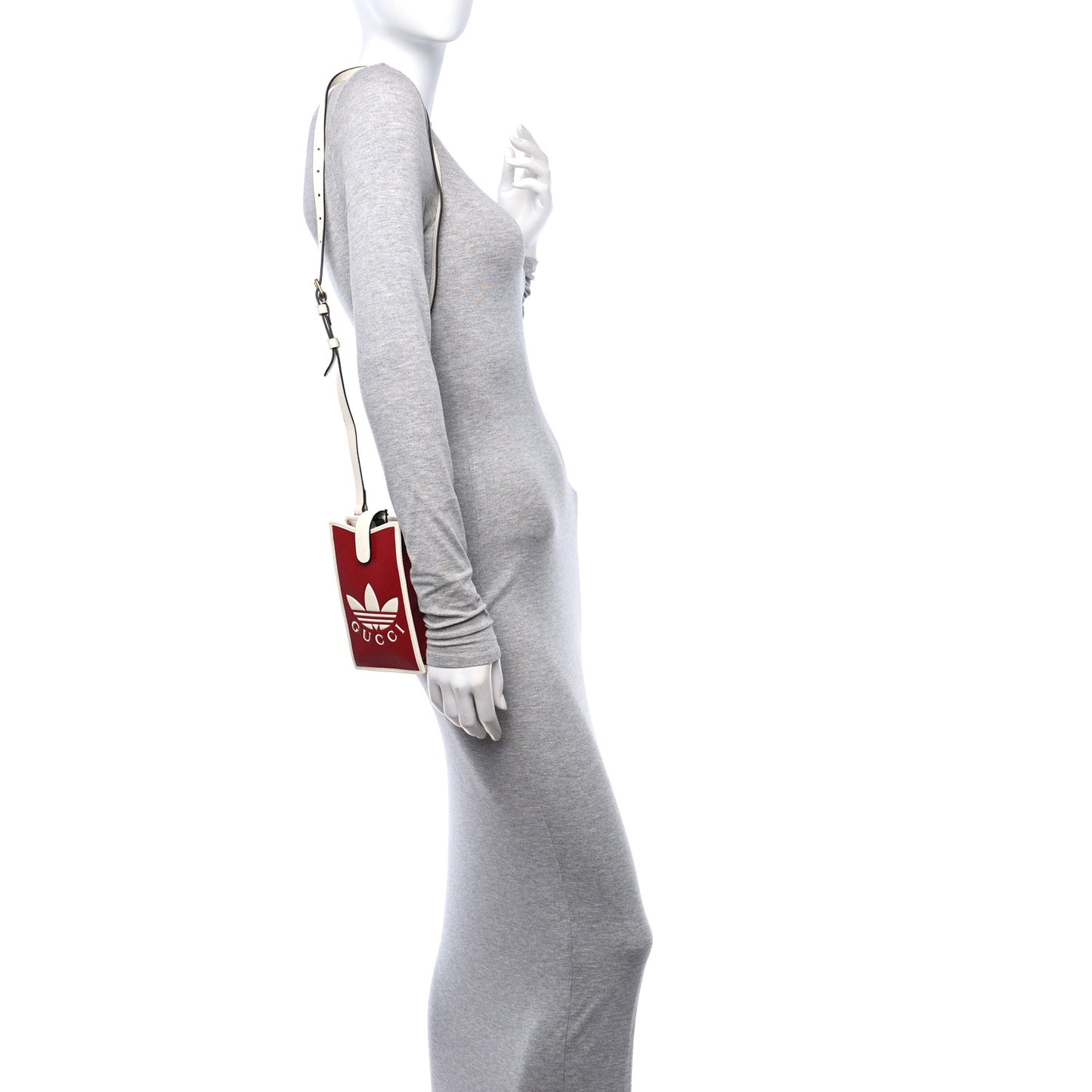 X ADIDAS Textured Dollar Calfskin Trefoil Embossed Phone Crossbody Bag Hibiscus Red Off White