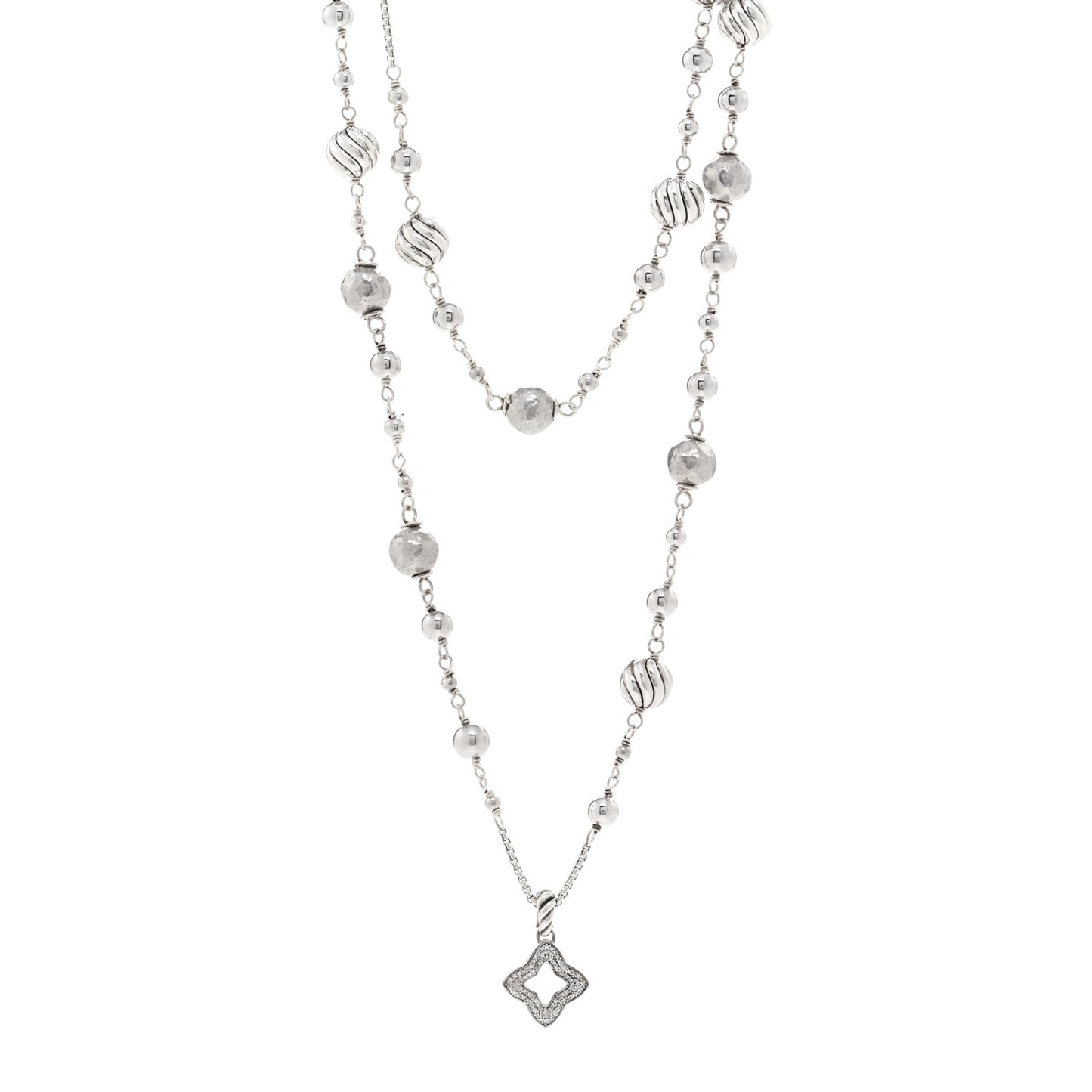 Sterling Silver Diamond Hammered Quatrefoil Long Necklace