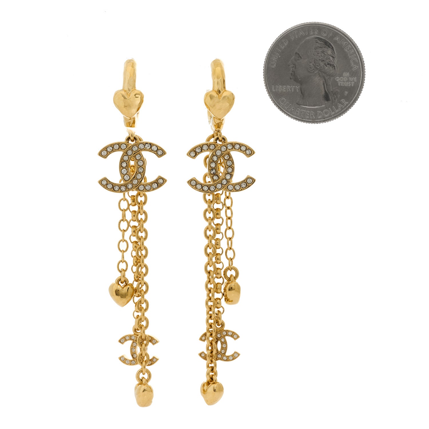 Chanel Metal Crystal CC Drop Heart Chain Earrings Gold 2 of 5