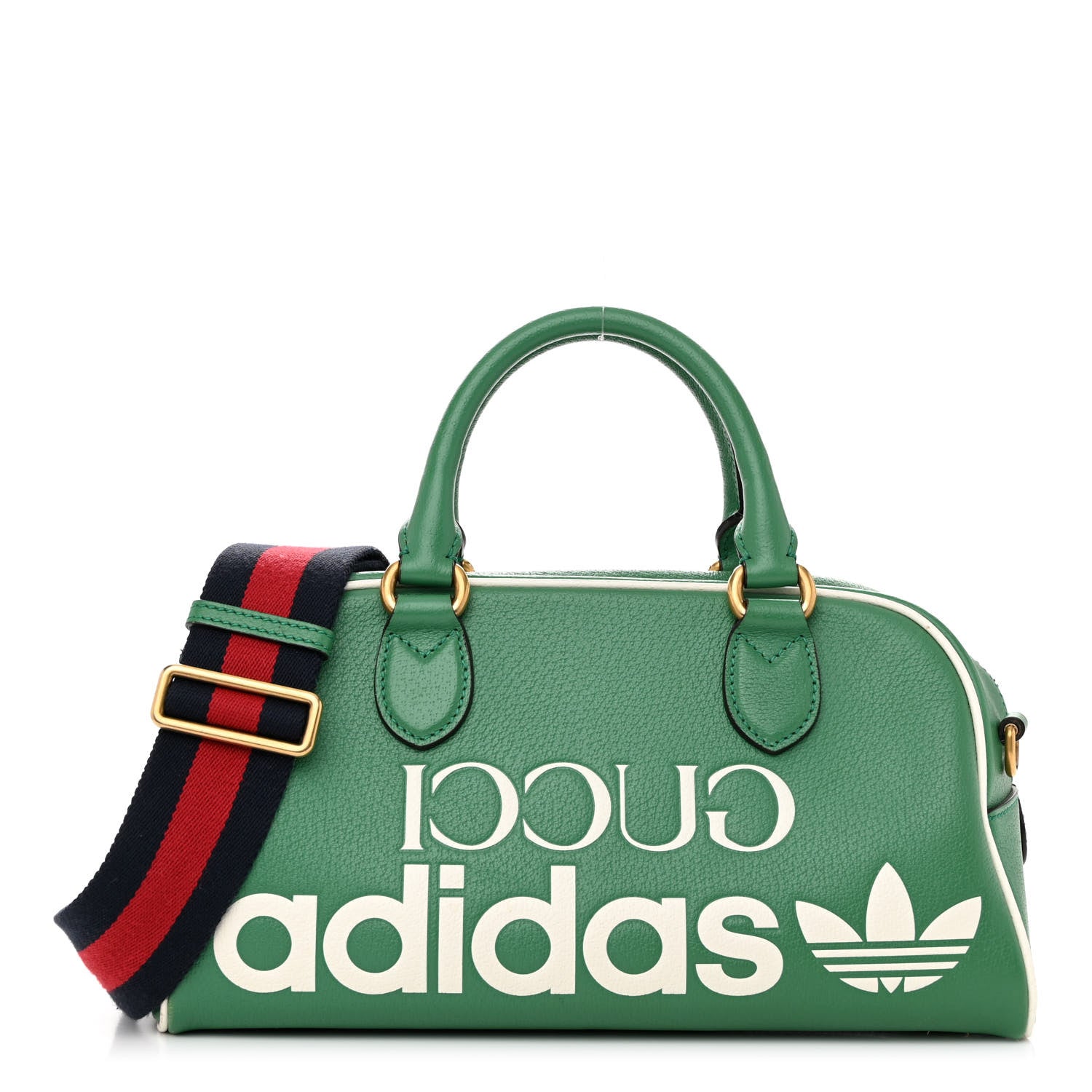 Gucci X ADIDAS Textured Dollar Calfskin Web Trefoil Logo Embossed Mini Bowling Bag New Shamarock Off White 1 of 13