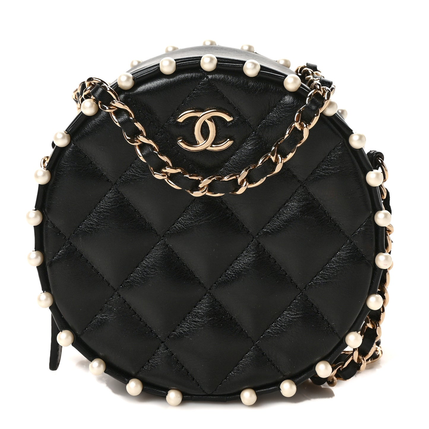 Calfskin Quilted Pearl Round Clutch With Chain Black