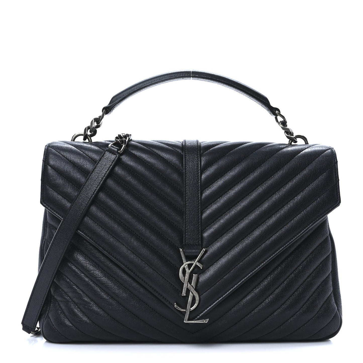 Sheepskin Matelasse Chevron Monogram Large College Satchel Black