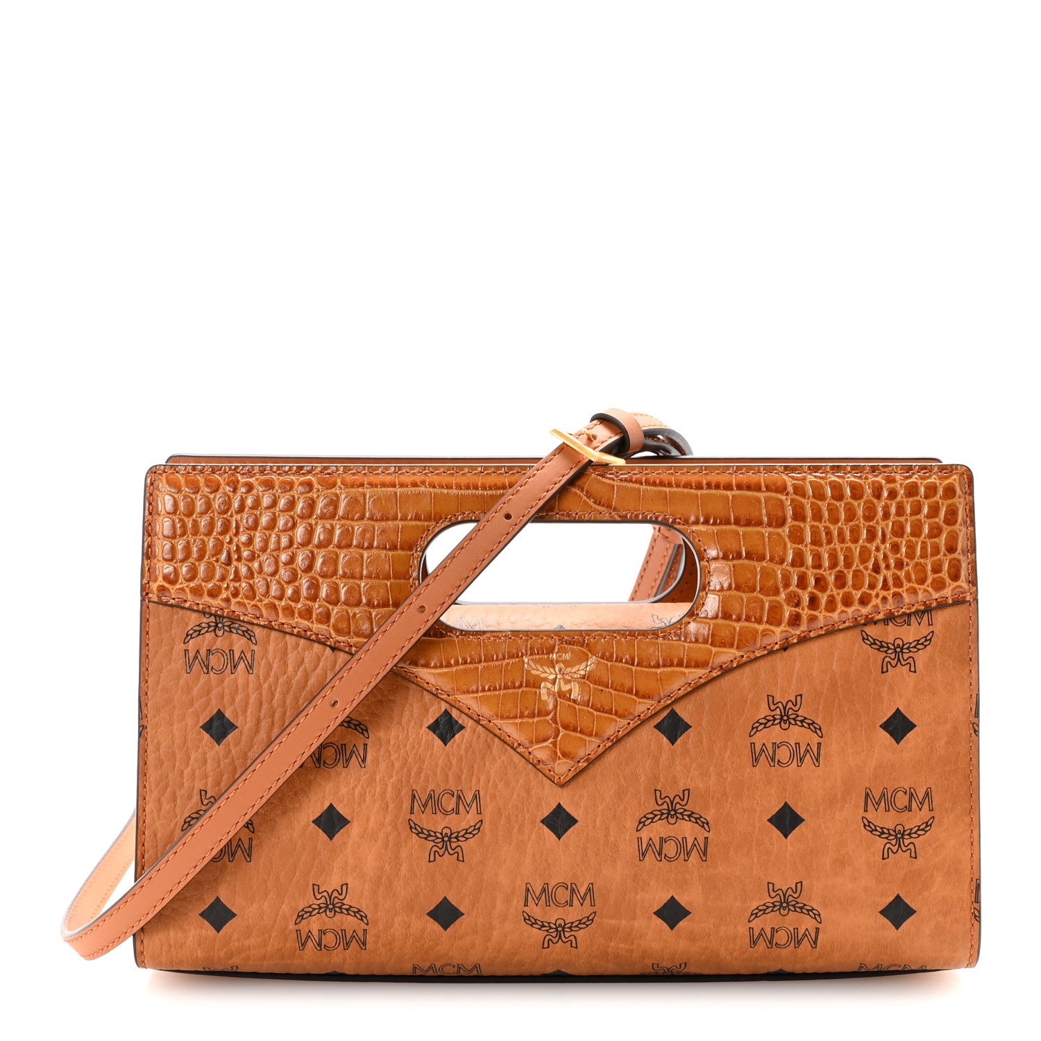 MCM Visetos Crocodile Embossed Calfskin Small Diamond Tote Cognac