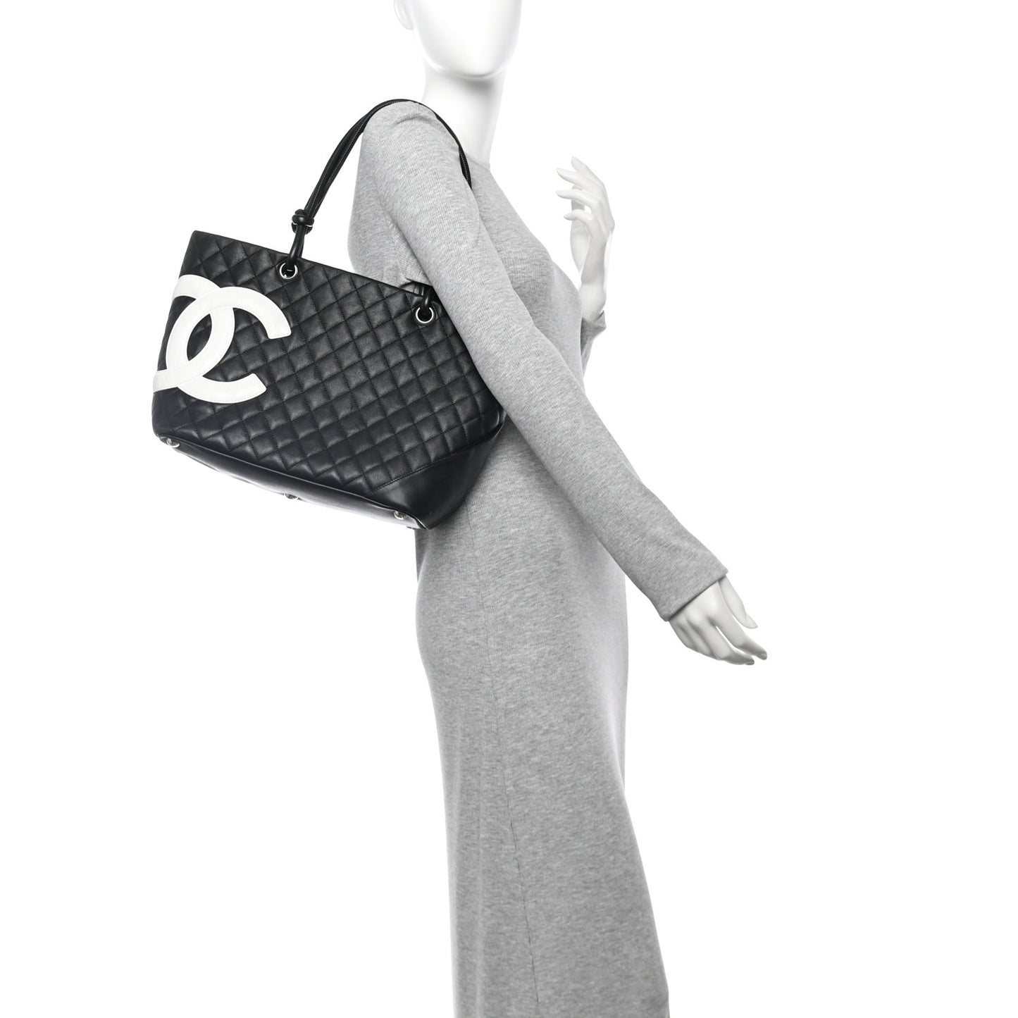 Calfskin Quilted Large Cambon Tote Black White