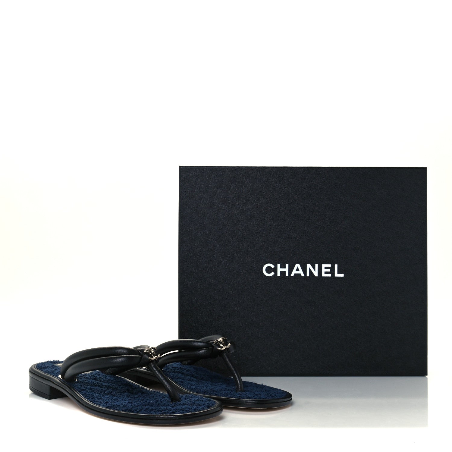 Chanel Lambskin Fabric CC Thong Sandals 36.5 Black Dark Navy 10 of 10