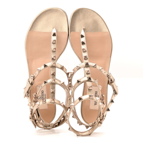 Nappa Rockstud Ankle Strap Flat Thong Sandals 38 Skin