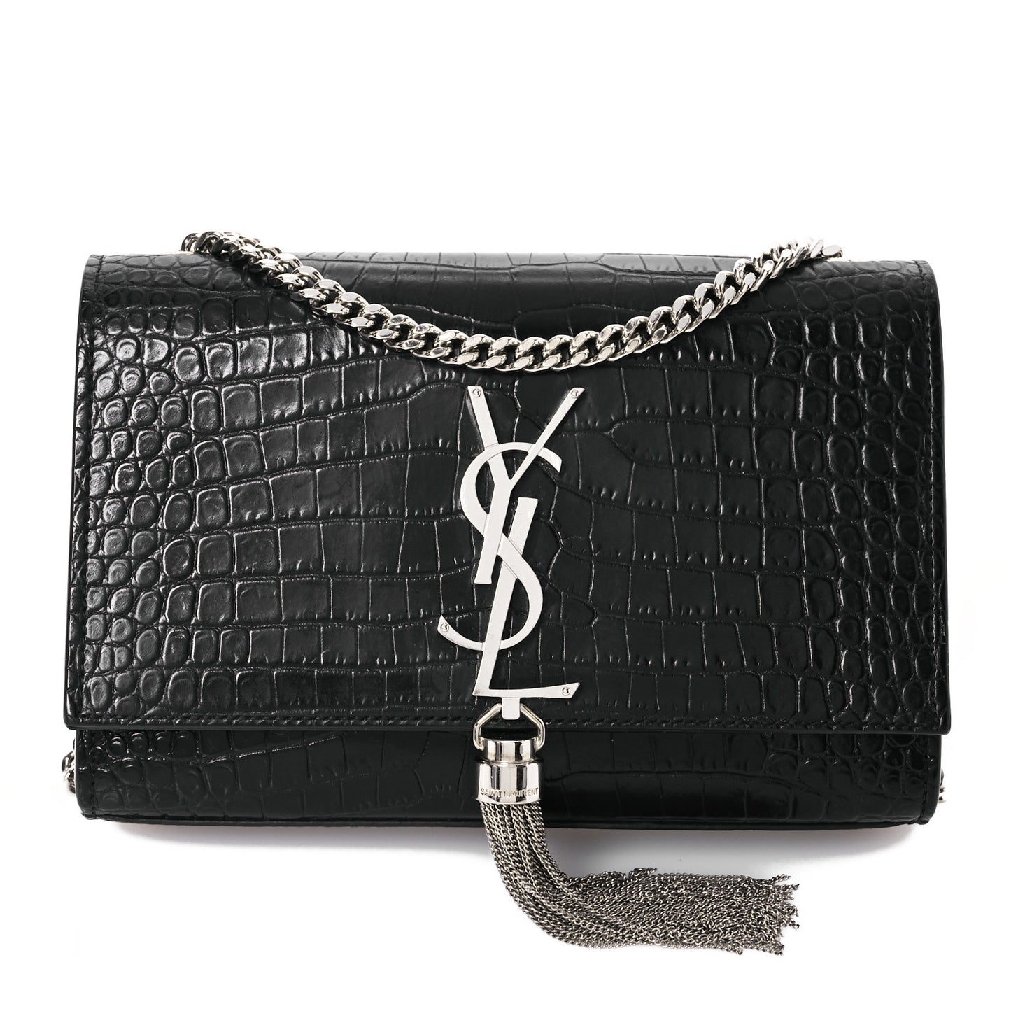 Calfskin Crocodile Embossed Small Classic Monogram Kate Tassel Satchel Black