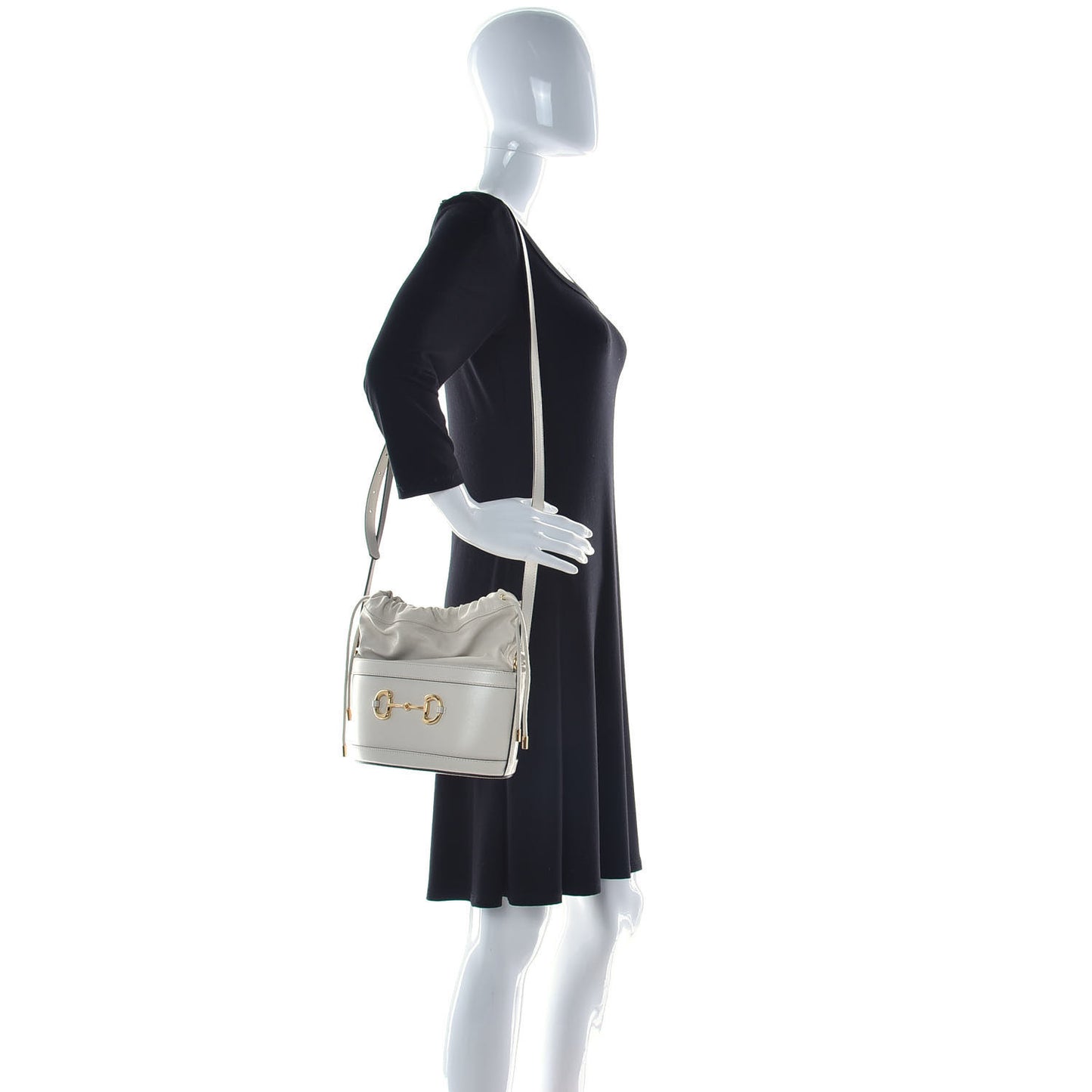 Azalea Sakai Calfskin Horsebit 1955 Drawstring Bucket Bag Mystic White